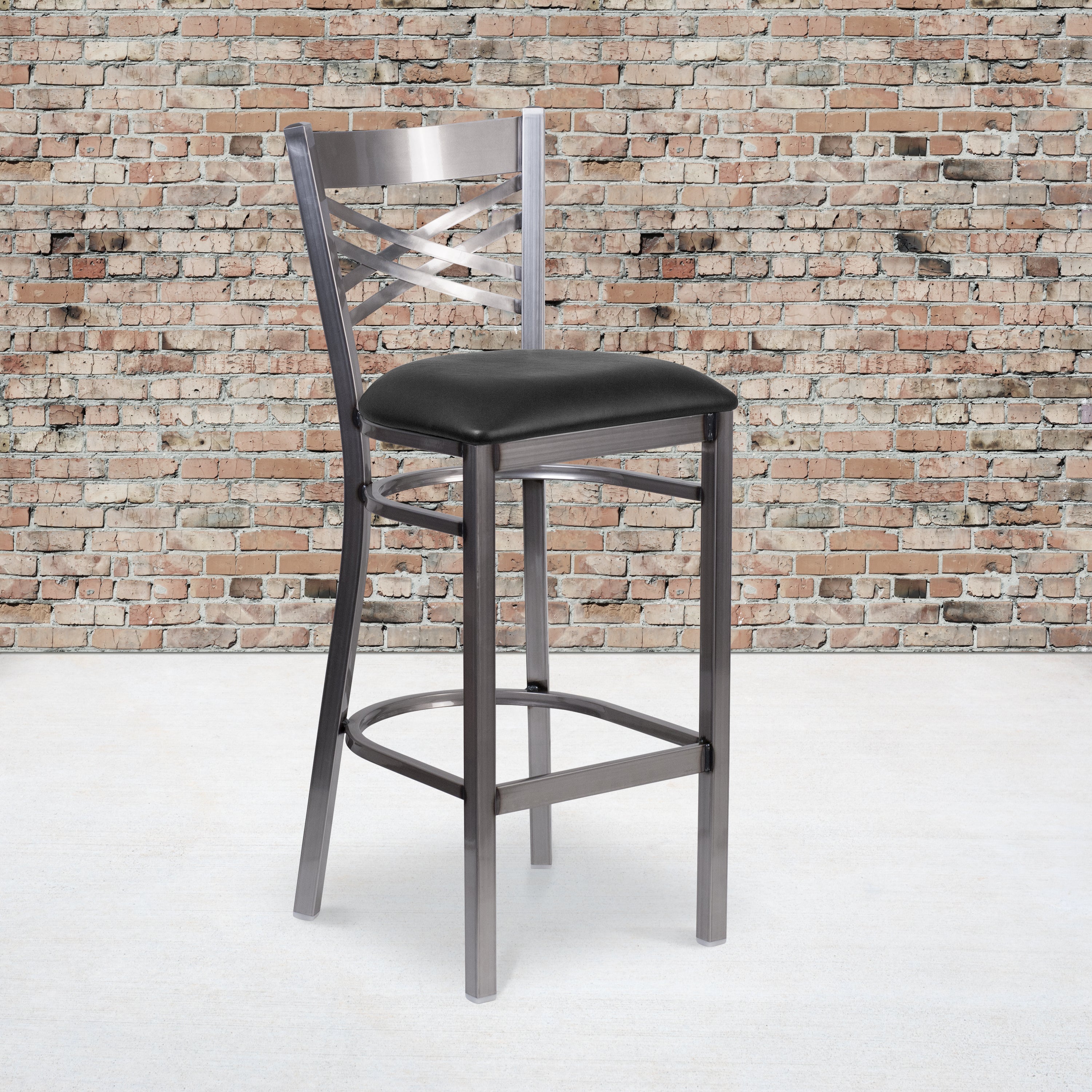 HERCULES Series Silver Antique Finish with Clear Coat ''X'' Back Metal Restaurant Barstool - Black Vinyl Seat