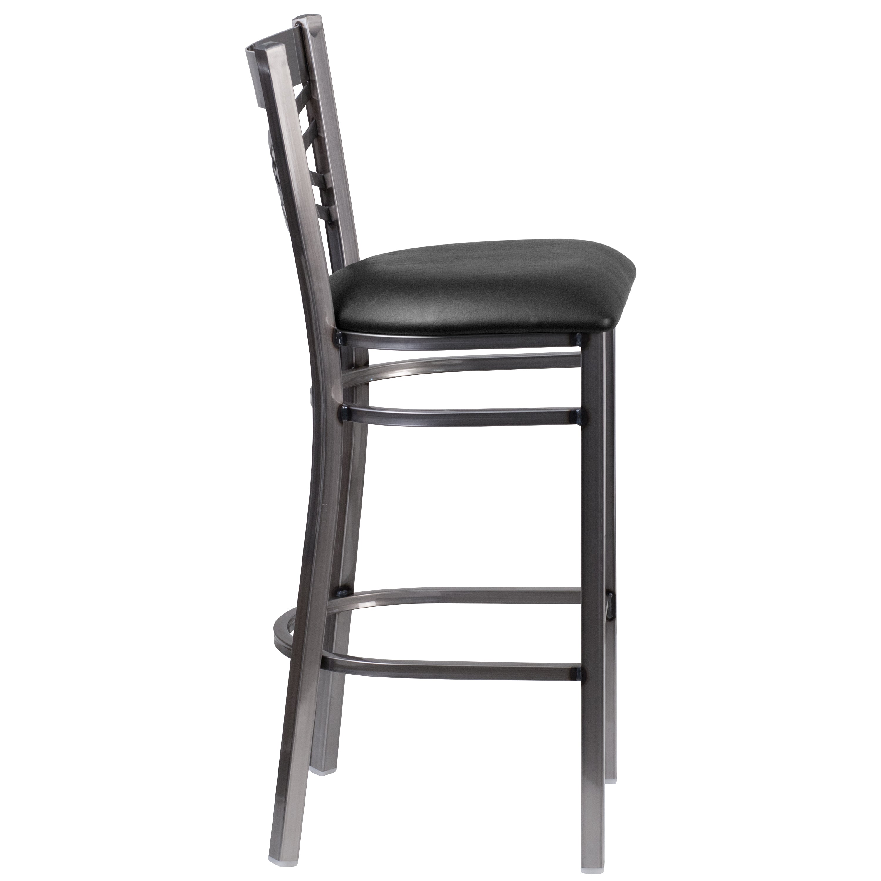 HERCULES Series Silver Antique Finish with Clear Coat ''X'' Back Metal Restaurant Barstool - Black Vinyl Seat
