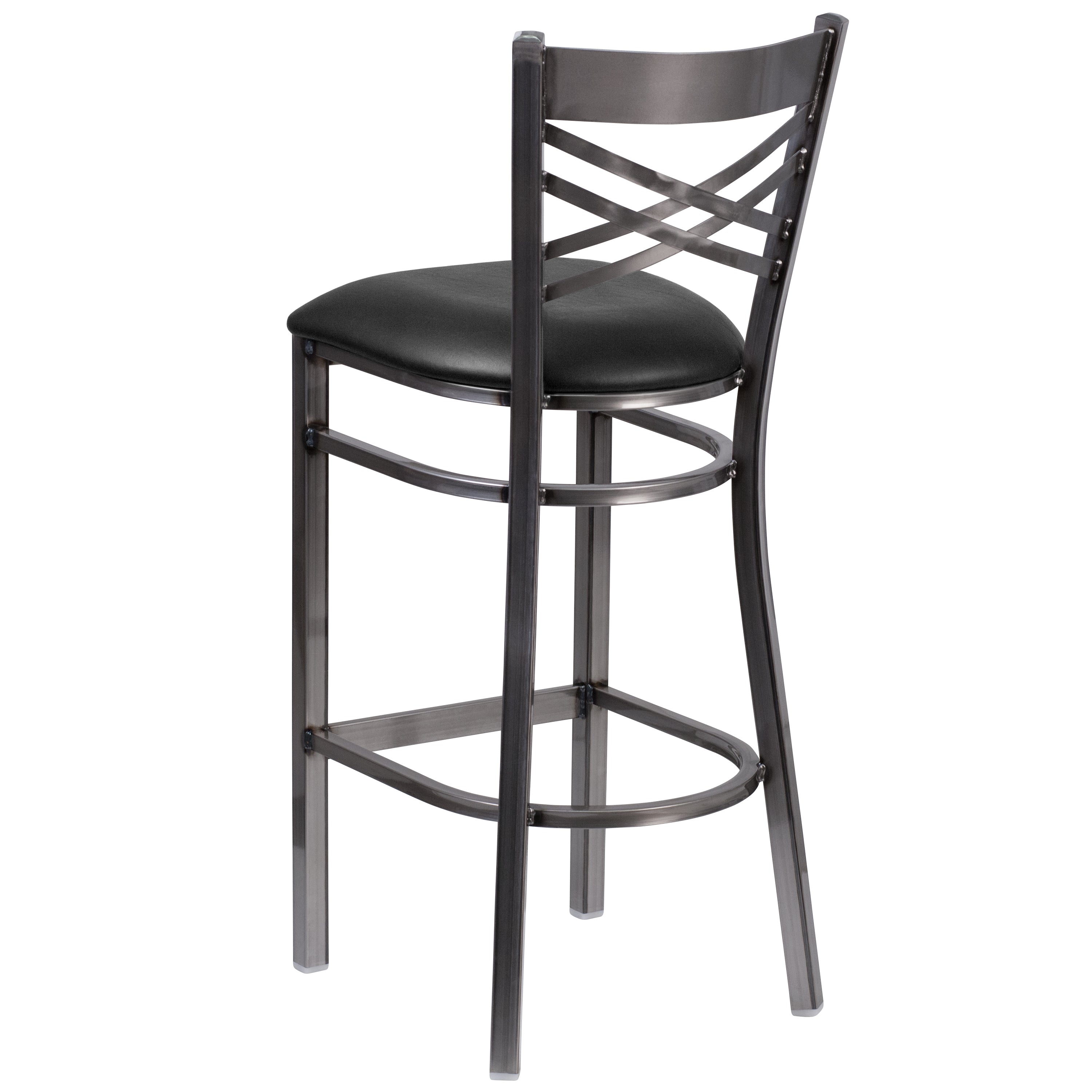 HERCULES Series Silver Antique Finish with Clear Coat ''X'' Back Metal Restaurant Barstool - Black Vinyl Seat