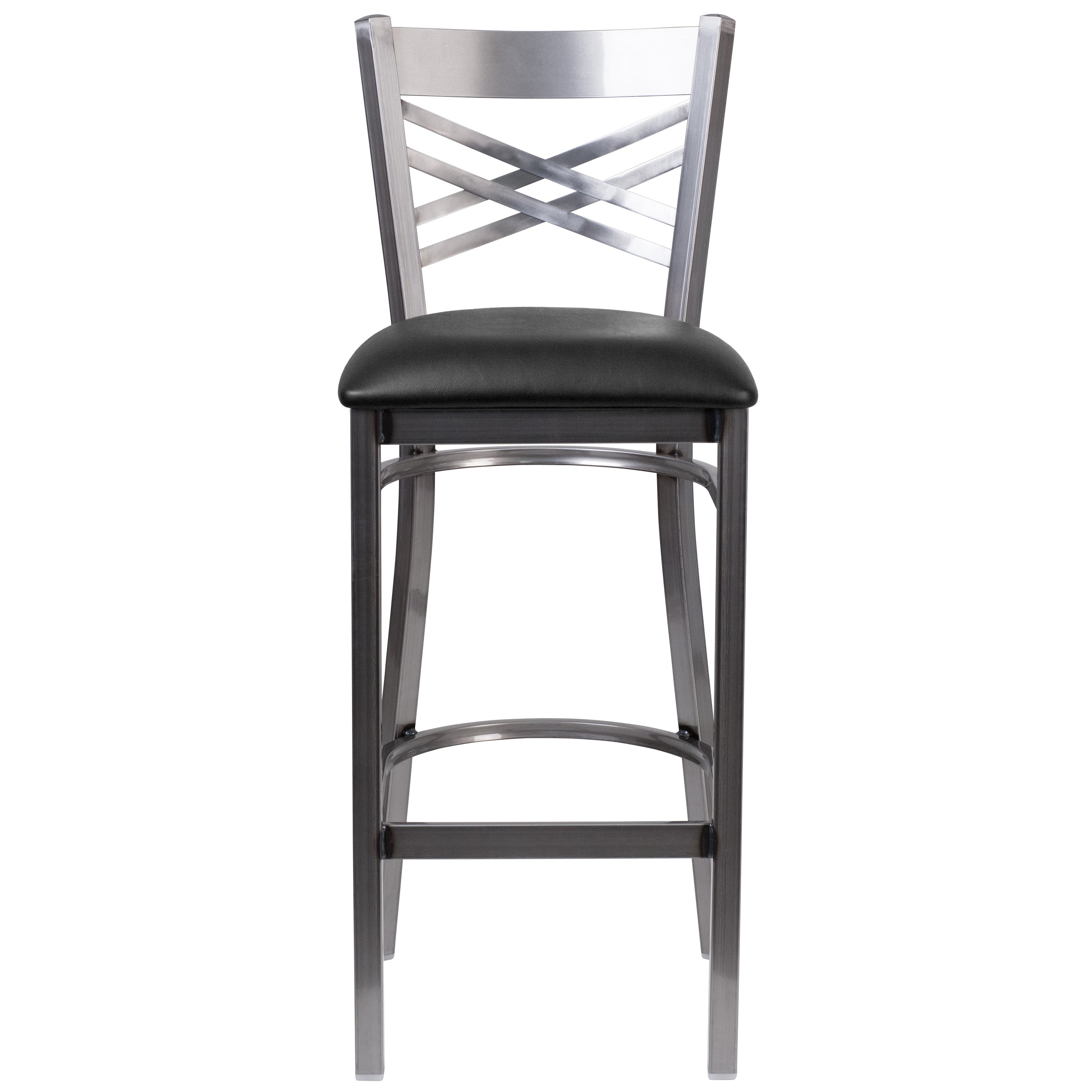 HERCULES Series Silver Antique Finish with Clear Coat ''X'' Back Metal Restaurant Barstool - Black Vinyl Seat