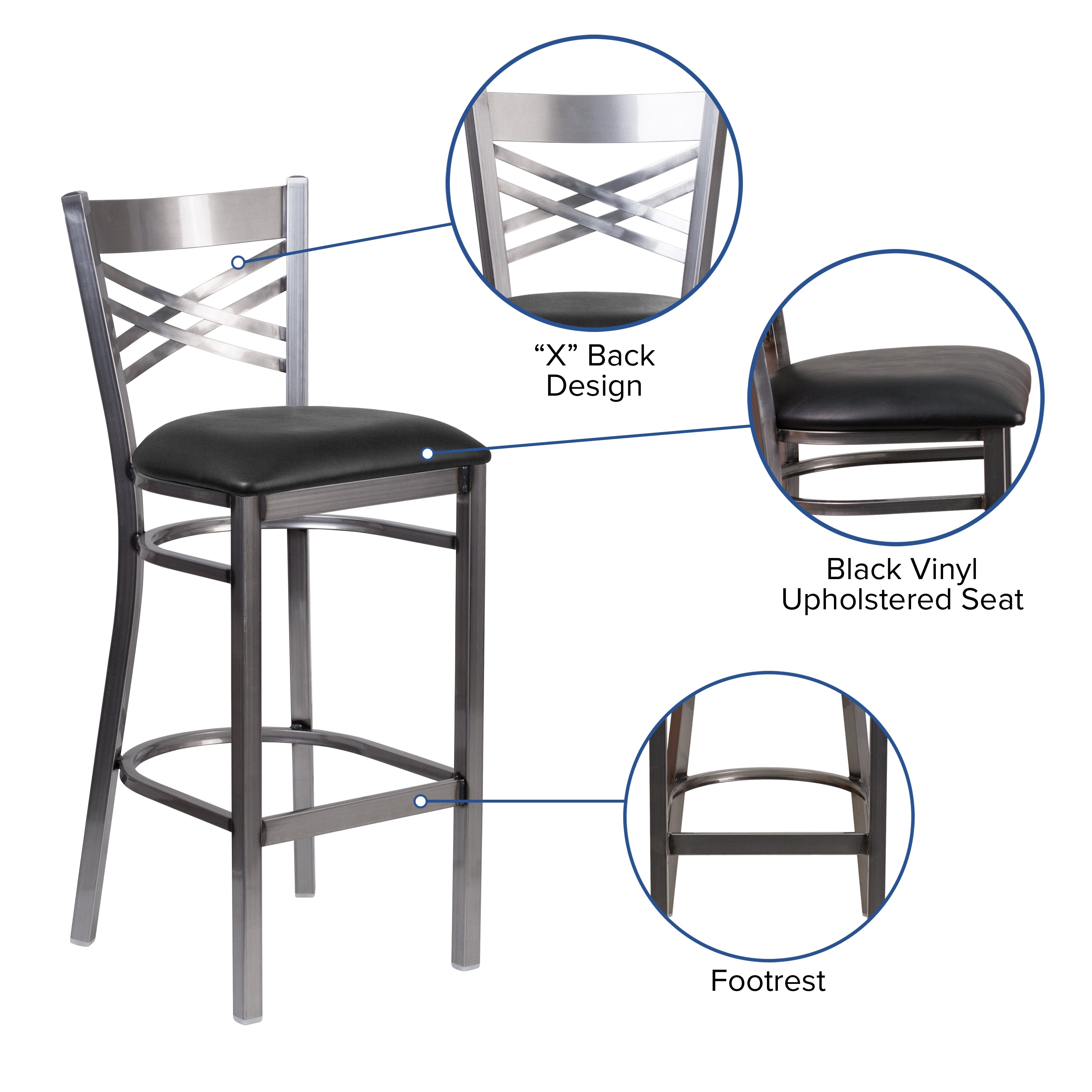 HERCULES Series Silver Antique Finish with Clear Coat ''X'' Back Metal Restaurant Barstool - Black Vinyl Seat
