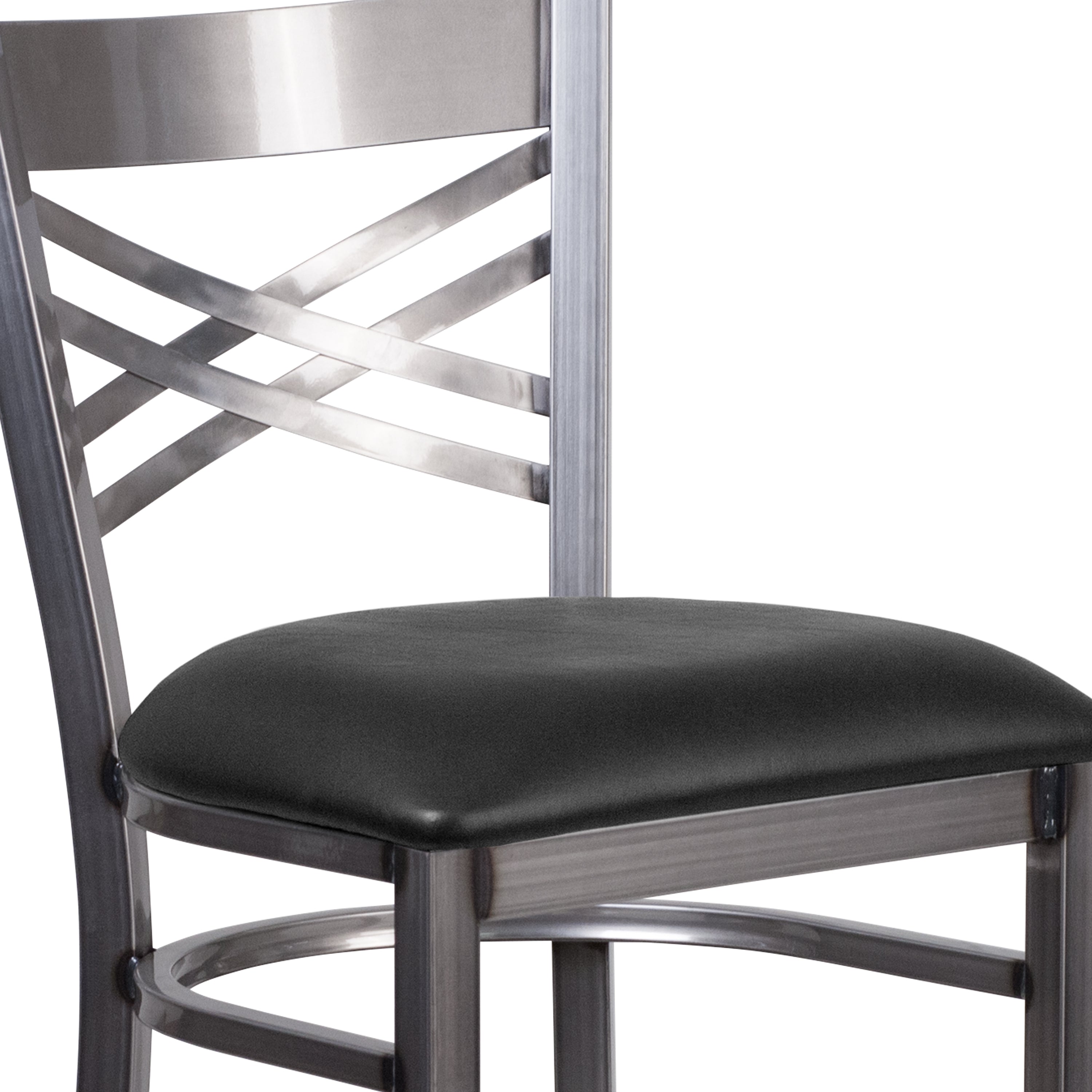 HERCULES Series Silver Antique Finish with Clear Coat ''X'' Back Metal Restaurant Barstool - Black Vinyl Seat