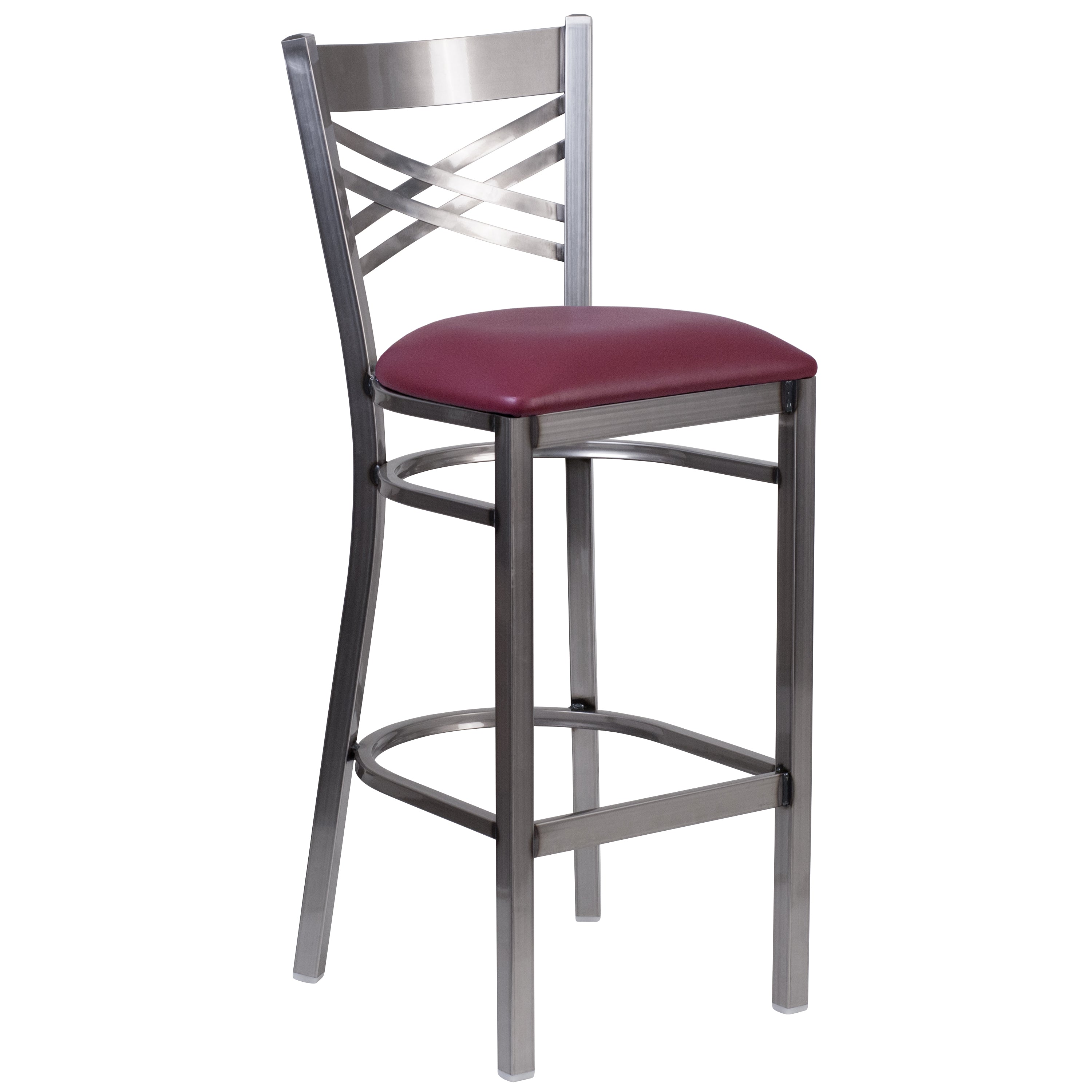 HERCULES Series Silver Antique Finish with Clear Coat ''X'' Back Metal Restaurant Barstool - Burgundy Vinyl Seat