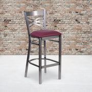 HERCULES Series Silver Antique Finish with Clear Coat ''X'' Back Metal Restaurant Barstool - Burgundy Vinyl Seat