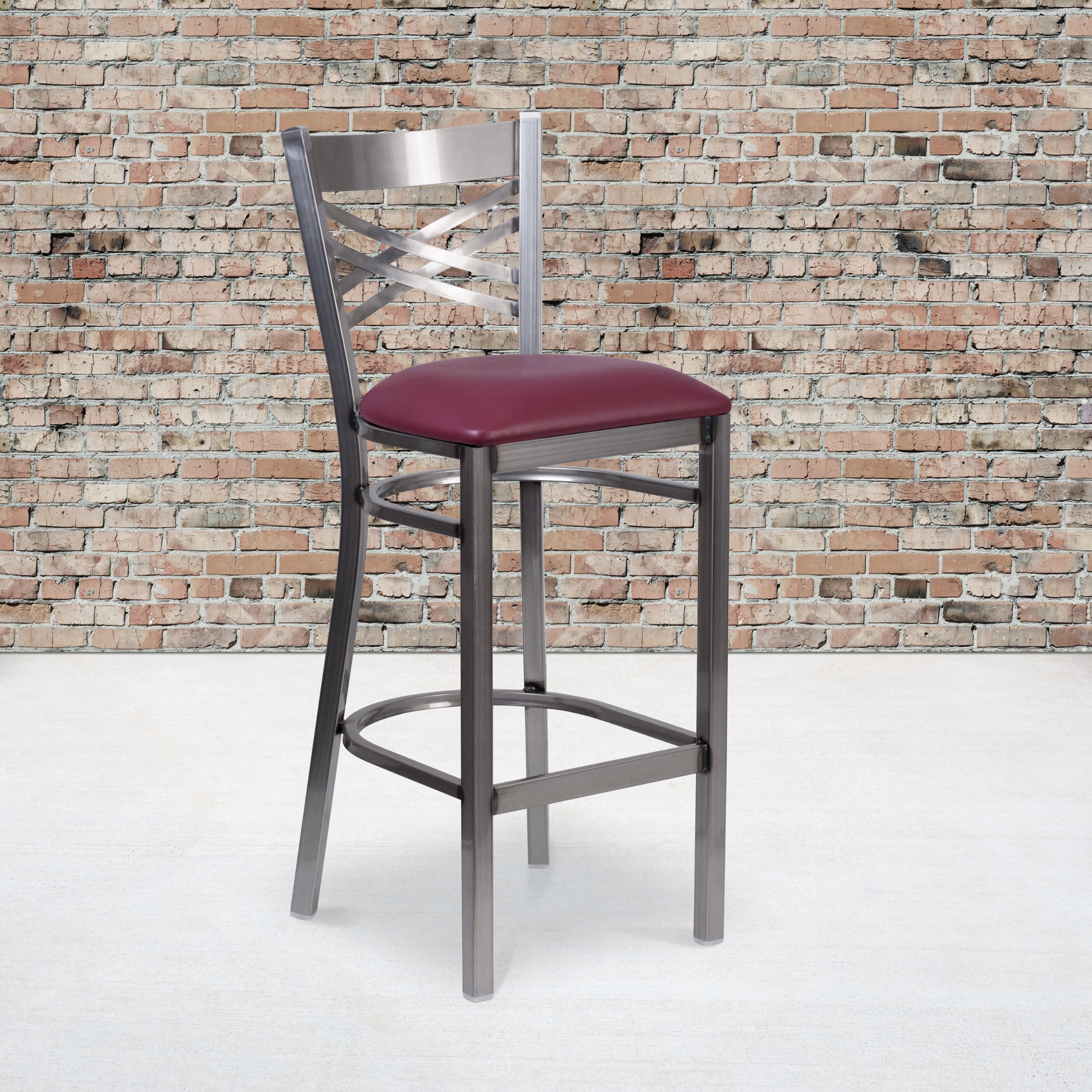 HERCULES Series Silver Antique Finish with Clear Coat ''X'' Back Metal Restaurant Barstool - Burgundy Vinyl Seat