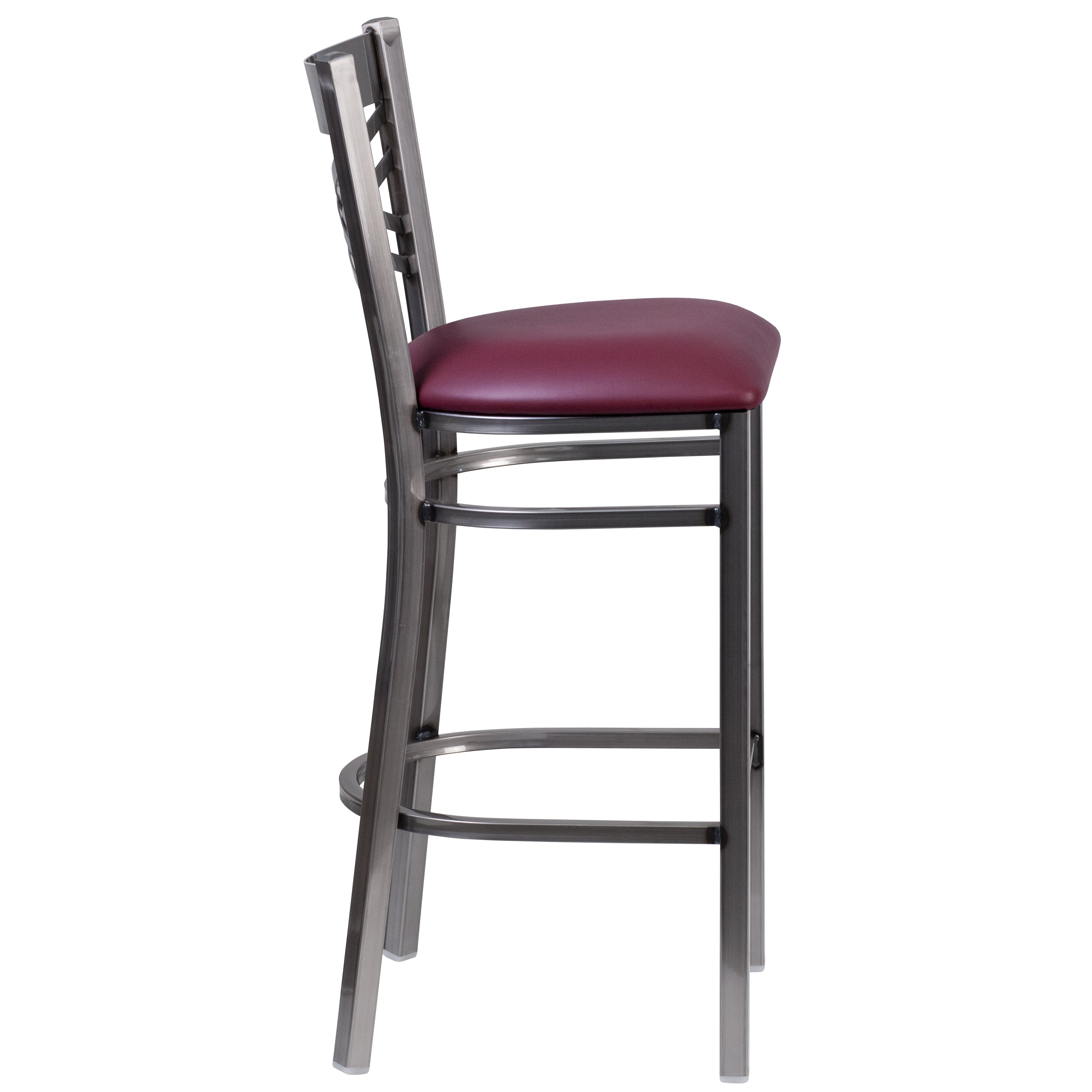 HERCULES Series Silver Antique Finish with Clear Coat ''X'' Back Metal Restaurant Barstool - Burgundy Vinyl Seat