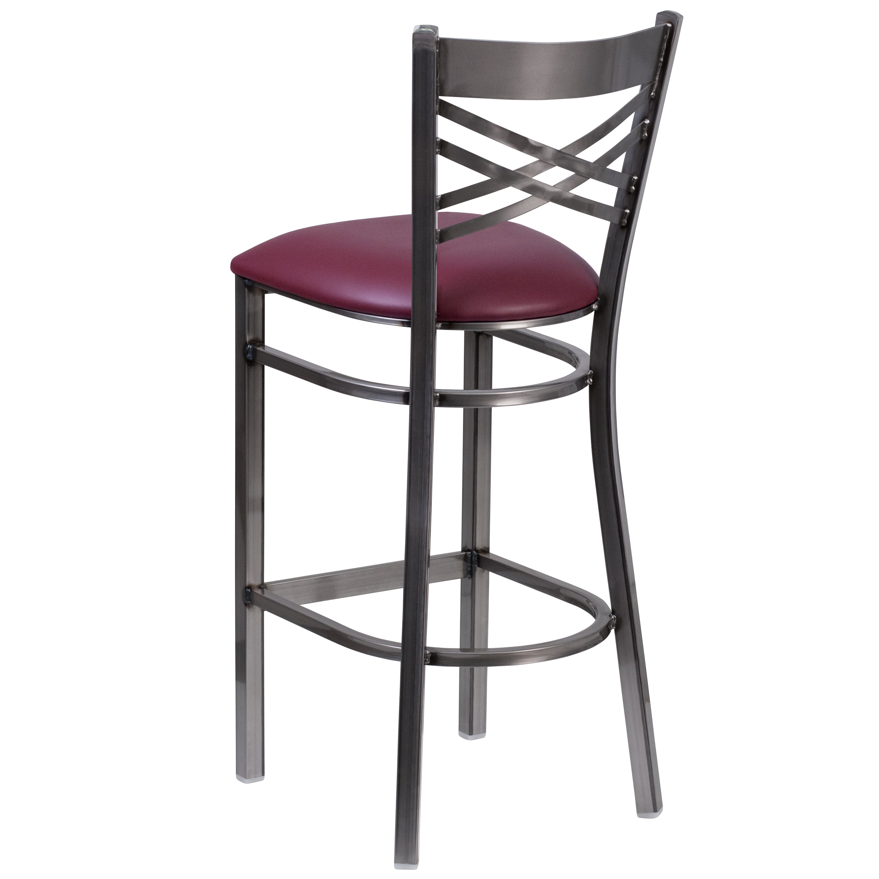 HERCULES Series Silver Antique Finish with Clear Coat ''X'' Back Metal Restaurant Barstool - Burgundy Vinyl Seat