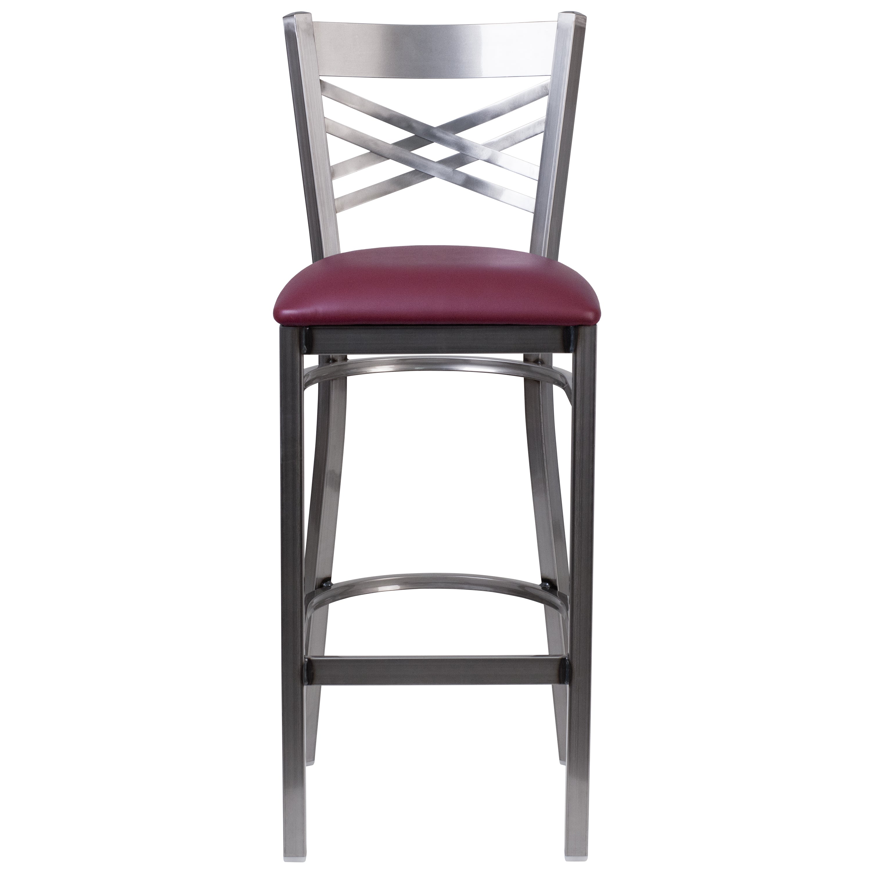 HERCULES Series Silver Antique Finish with Clear Coat ''X'' Back Metal Restaurant Barstool - Burgundy Vinyl Seat
