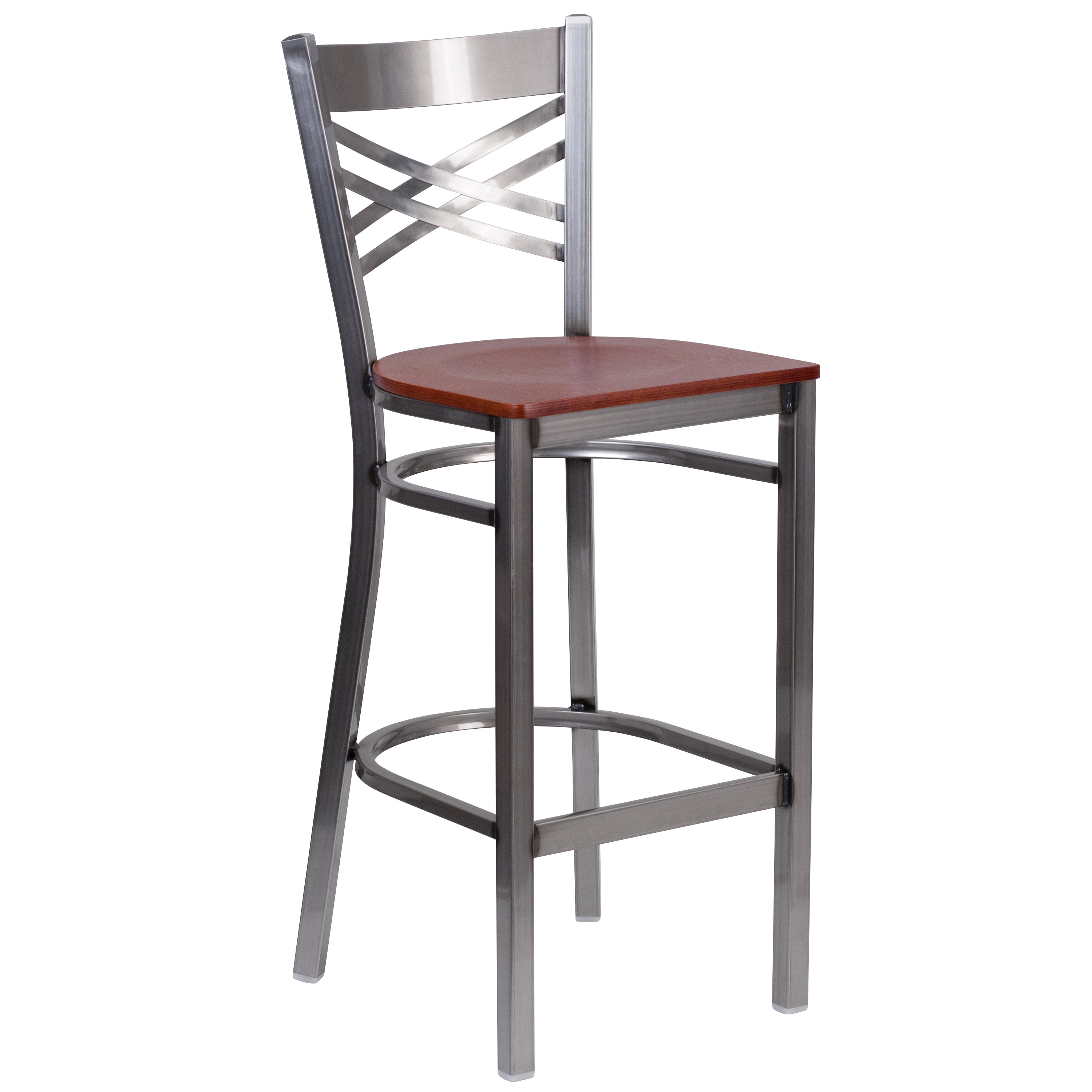 HERCULES Series Silver Antique Finish with Clear Coat ''X'' Back Metal Restaurant Barstool - Cherry Wood Seat