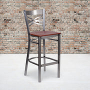 HERCULES Series Silver Antique Finish with Clear Coat ''X'' Back Metal Restaurant Barstool - Cherry Wood Seat