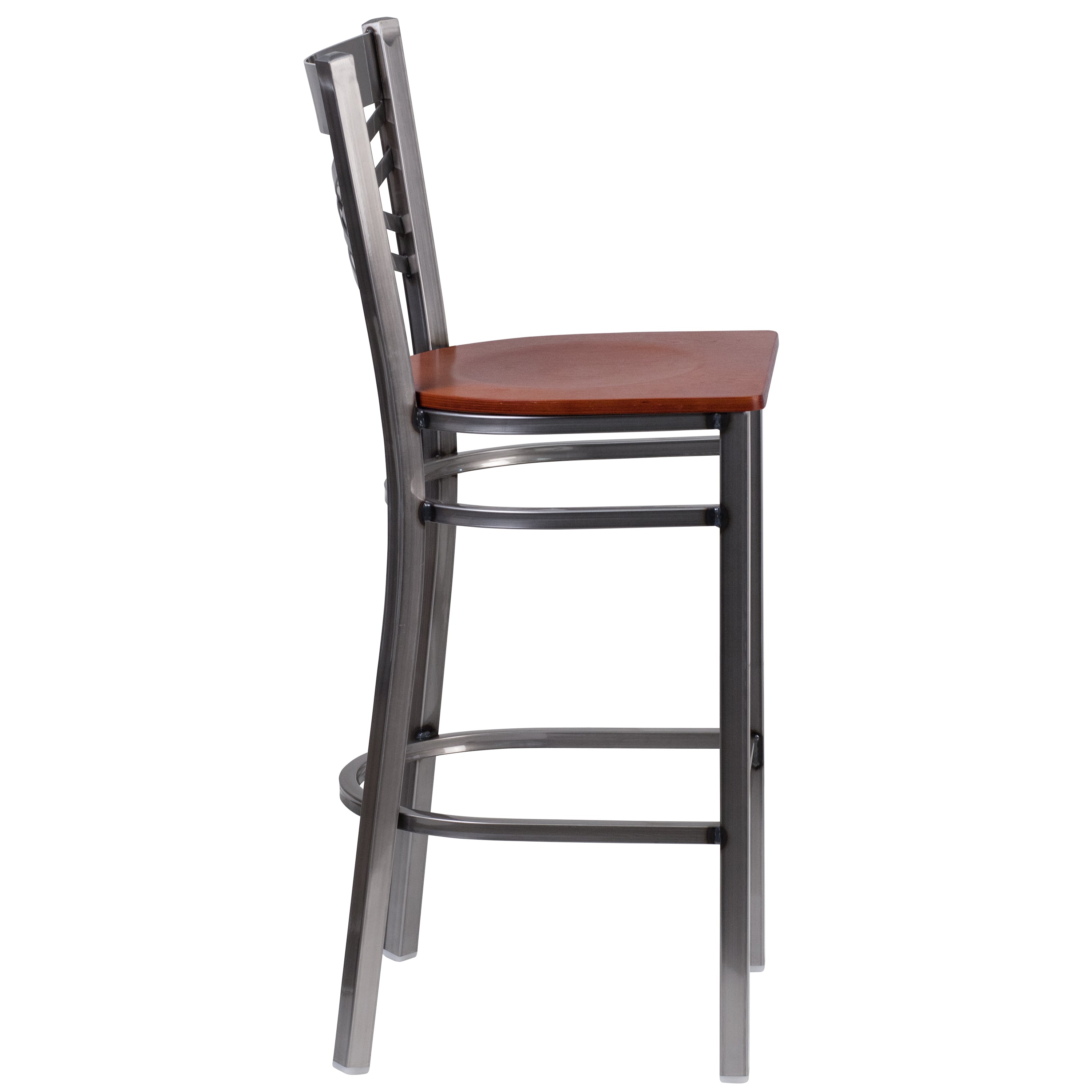 HERCULES Series Silver Antique Finish with Clear Coat ''X'' Back Metal Restaurant Barstool - Cherry Wood Seat