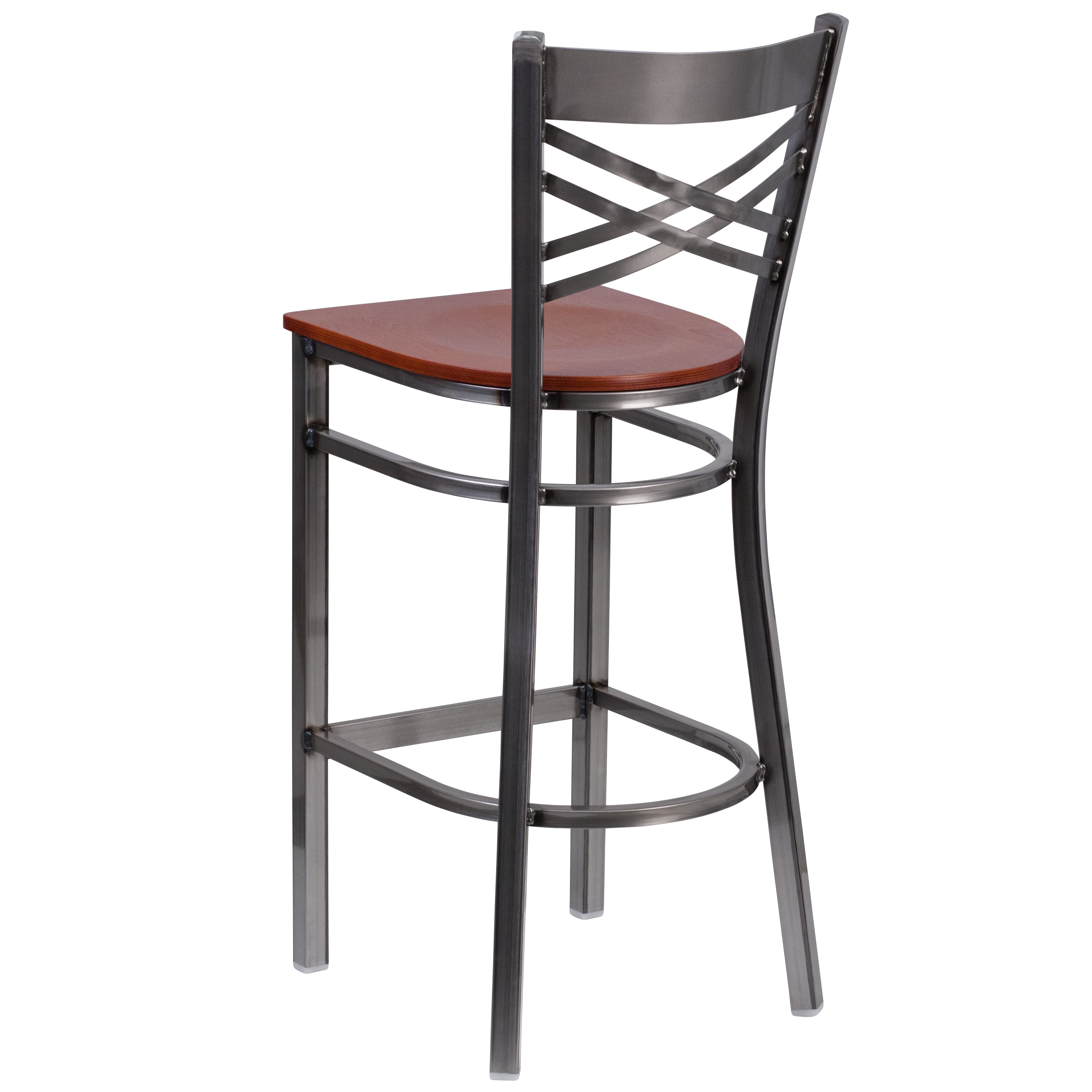 HERCULES Series Silver Antique Finish with Clear Coat ''X'' Back Metal Restaurant Barstool - Cherry Wood Seat