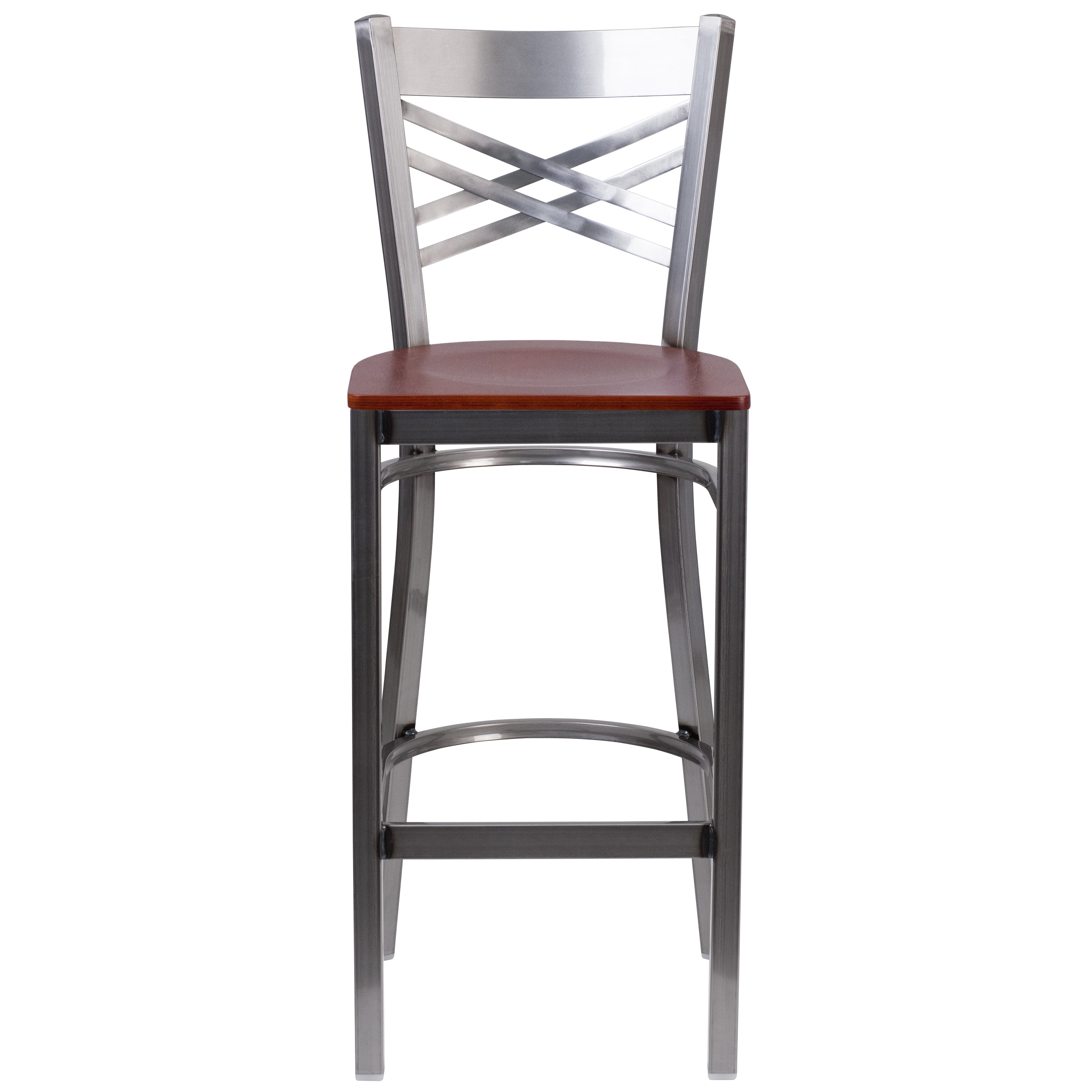 HERCULES Series Silver Antique Finish with Clear Coat ''X'' Back Metal Restaurant Barstool - Cherry Wood Seat