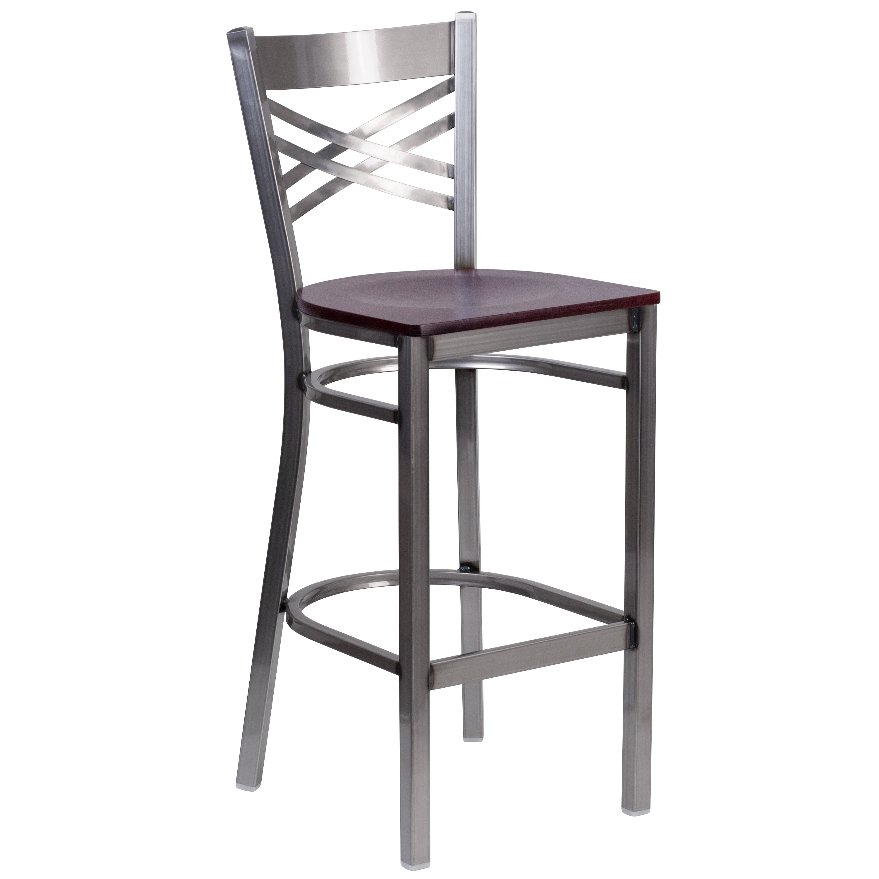 HERCULES Series Silver Antique Finish with Clear Coat ''X'' Back Metal Restaurant Barstool - Mahogany Wood Seat