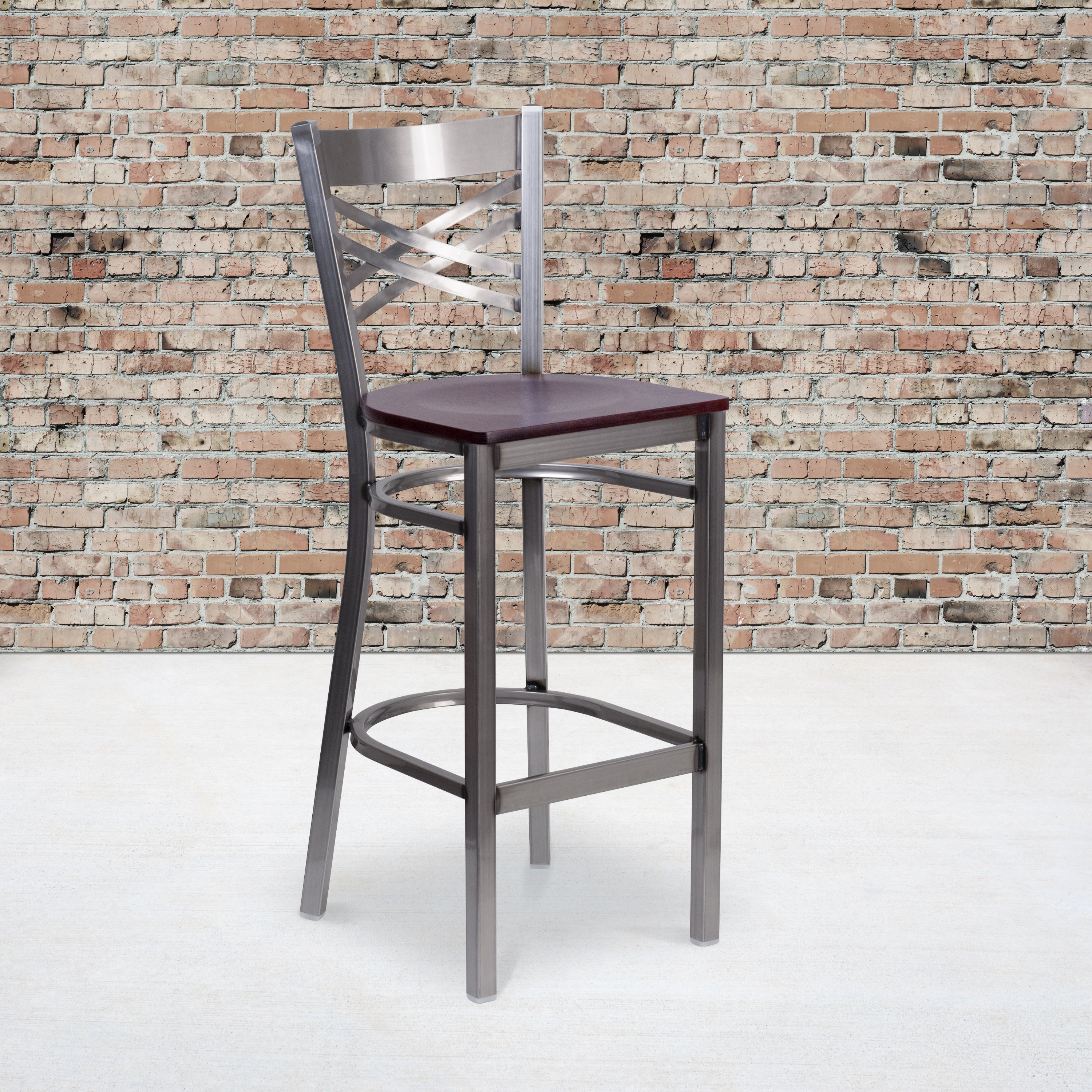 HERCULES Series Silver Antique Finish with Clear Coat ''X'' Back Metal Restaurant Barstool - Mahogany Wood Seat