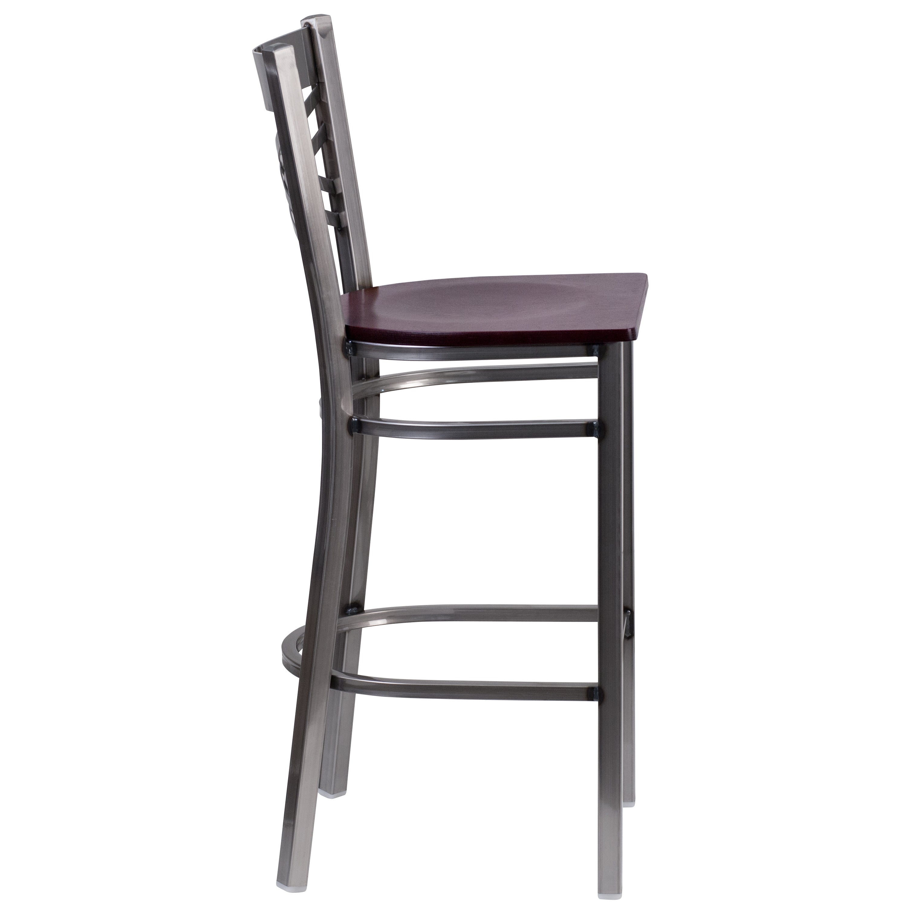 HERCULES Series Silver Antique Finish with Clear Coat ''X'' Back Metal Restaurant Barstool - Mahogany Wood Seat