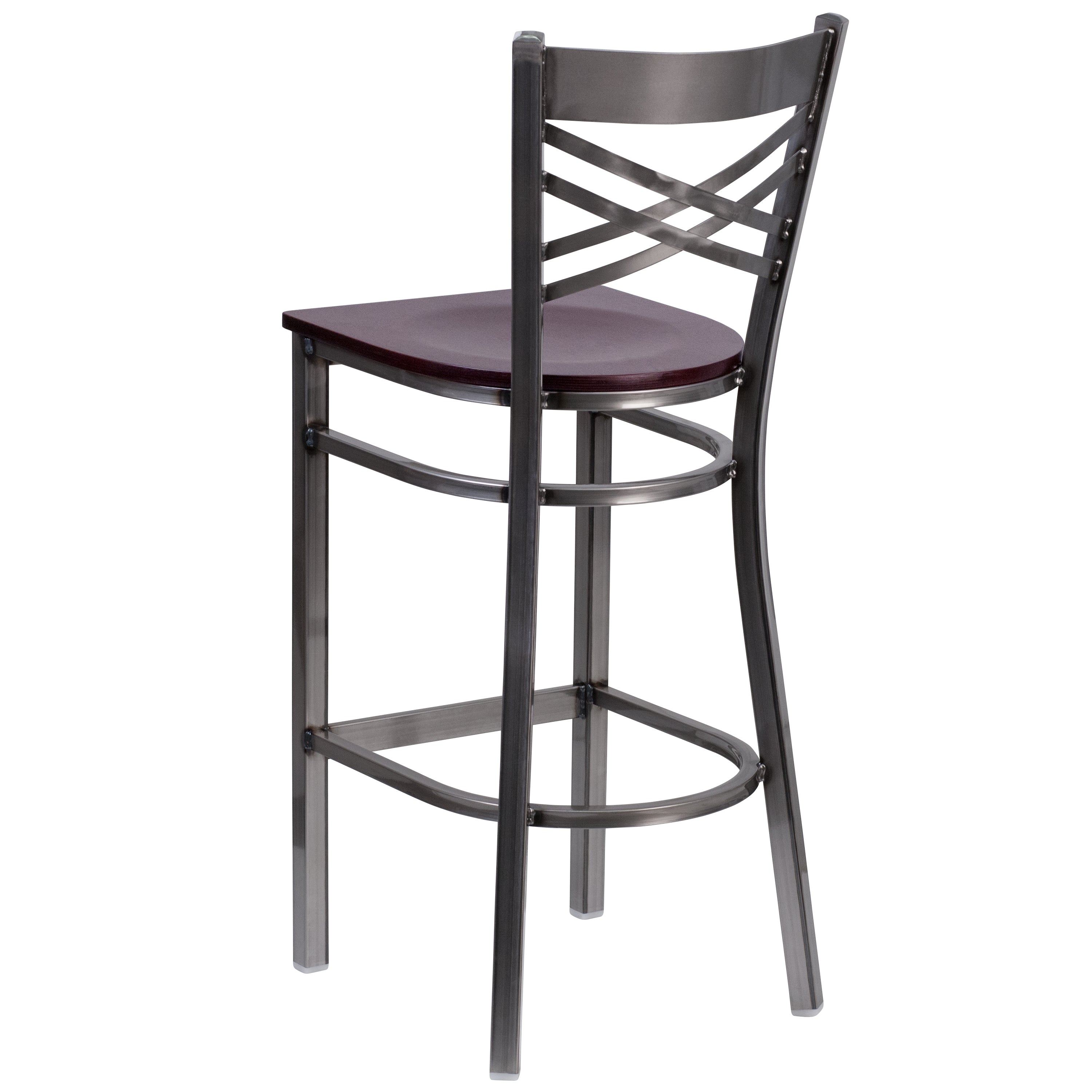 HERCULES Series Silver Antique Finish with Clear Coat ''X'' Back Metal Restaurant Barstool - Mahogany Wood Seat