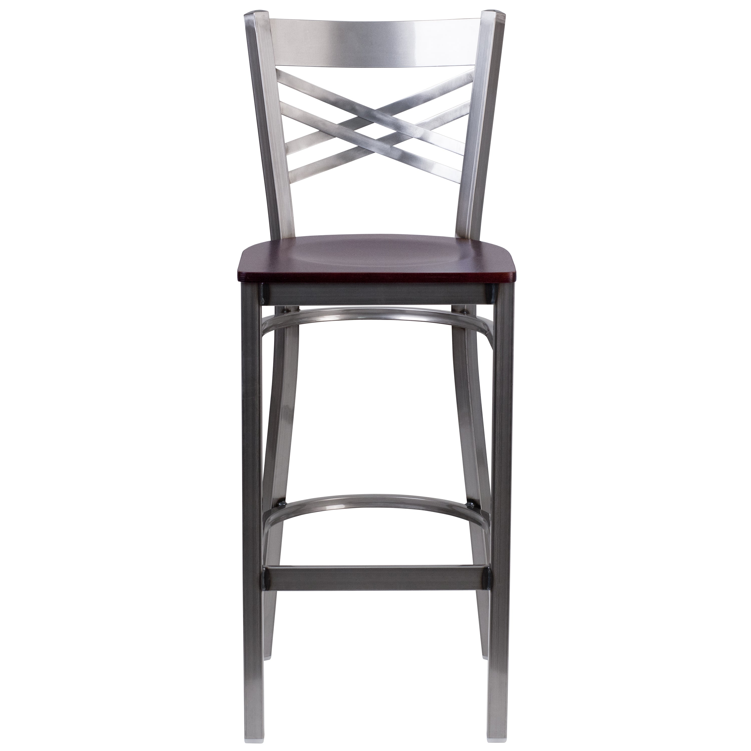 HERCULES Series Silver Antique Finish with Clear Coat ''X'' Back Metal Restaurant Barstool - Mahogany Wood Seat