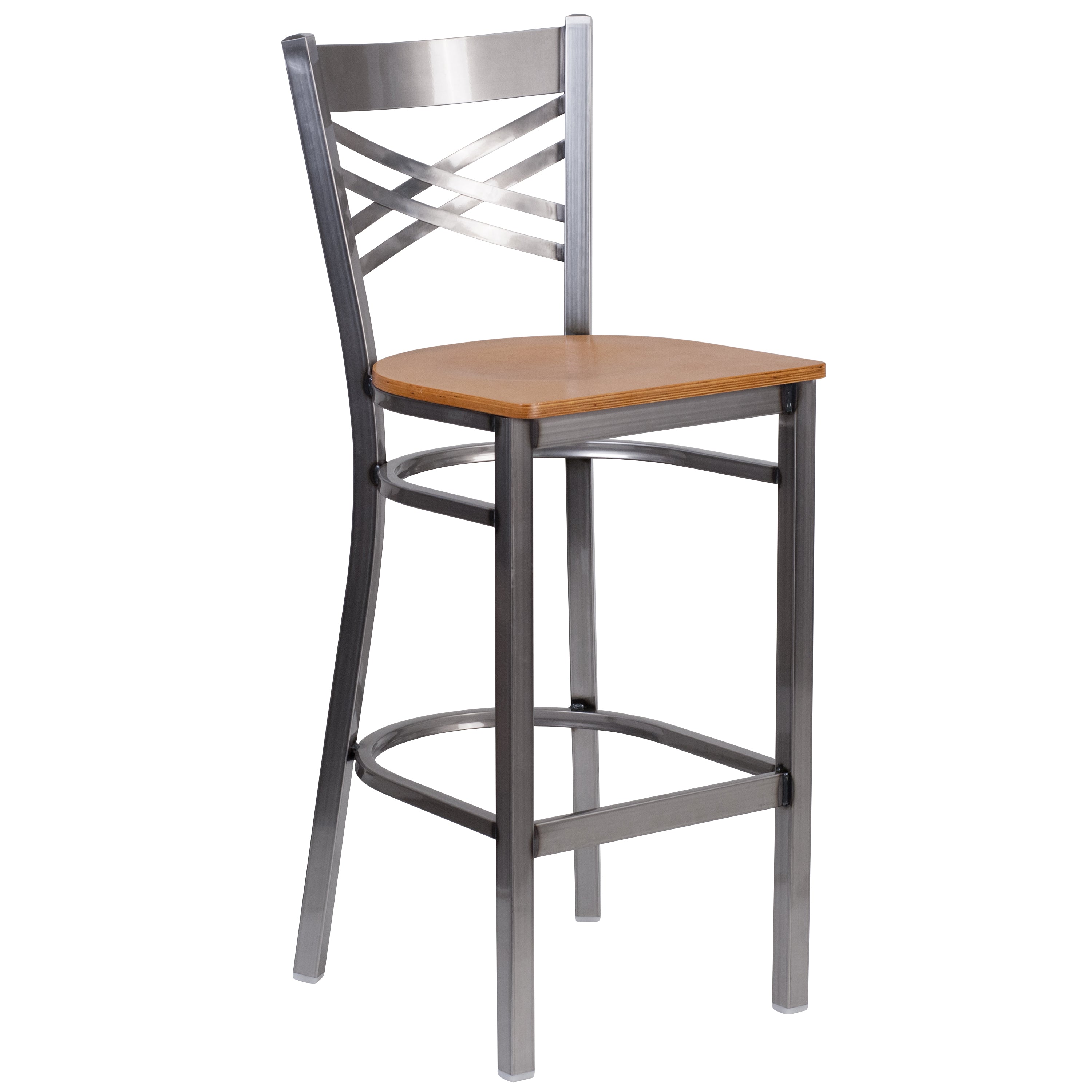 HERCULES Series Silver Antique Finish with Clear Coat ''X'' Back Metal Restaurant Barstool - Natural Wood Seat