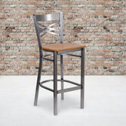HERCULES Series Silver Antique Finish with Clear Coat ''X'' Back Metal Restaurant Barstool - Natural Wood Seat