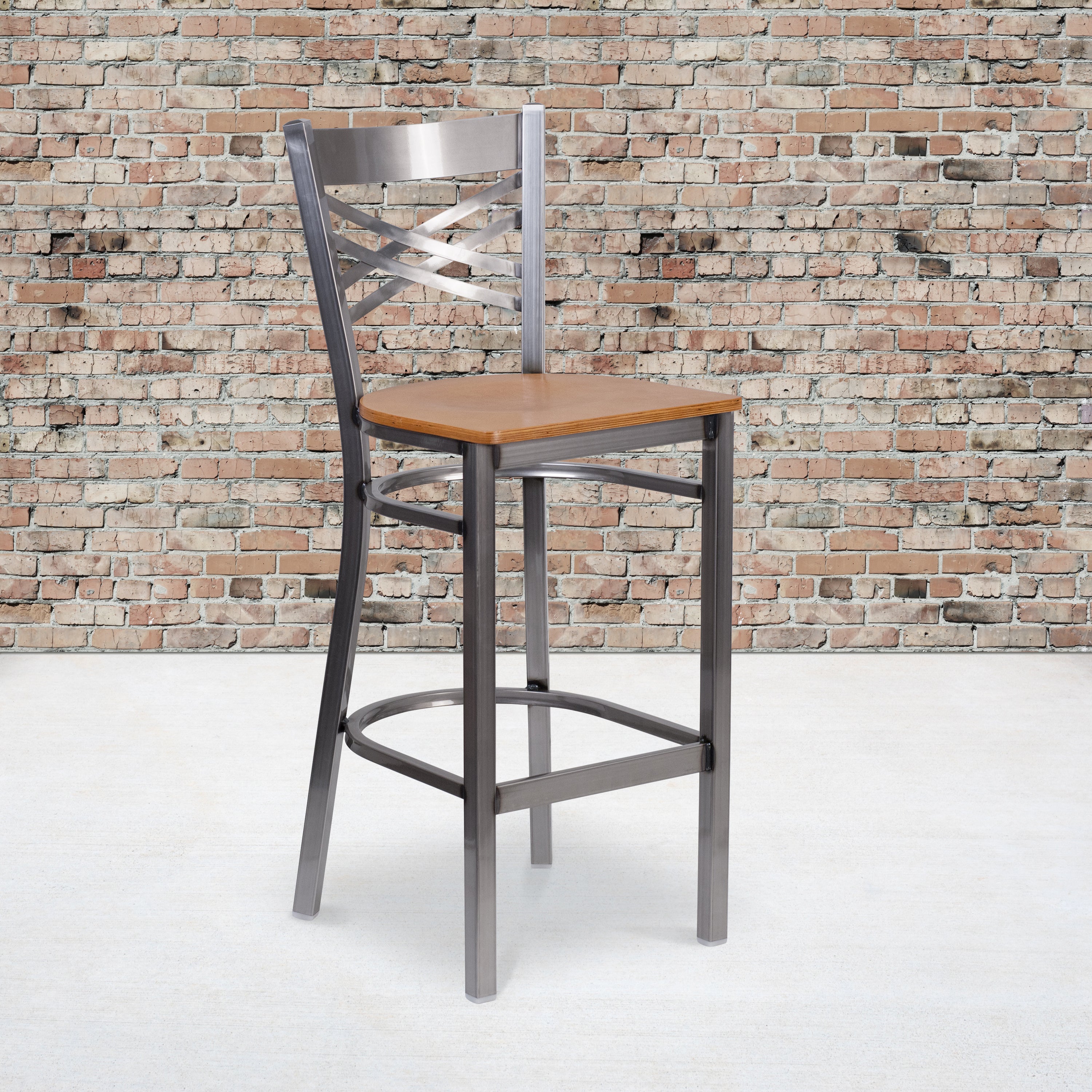 HERCULES Series Silver Antique Finish with Clear Coat ''X'' Back Metal Restaurant Barstool - Natural Wood Seat