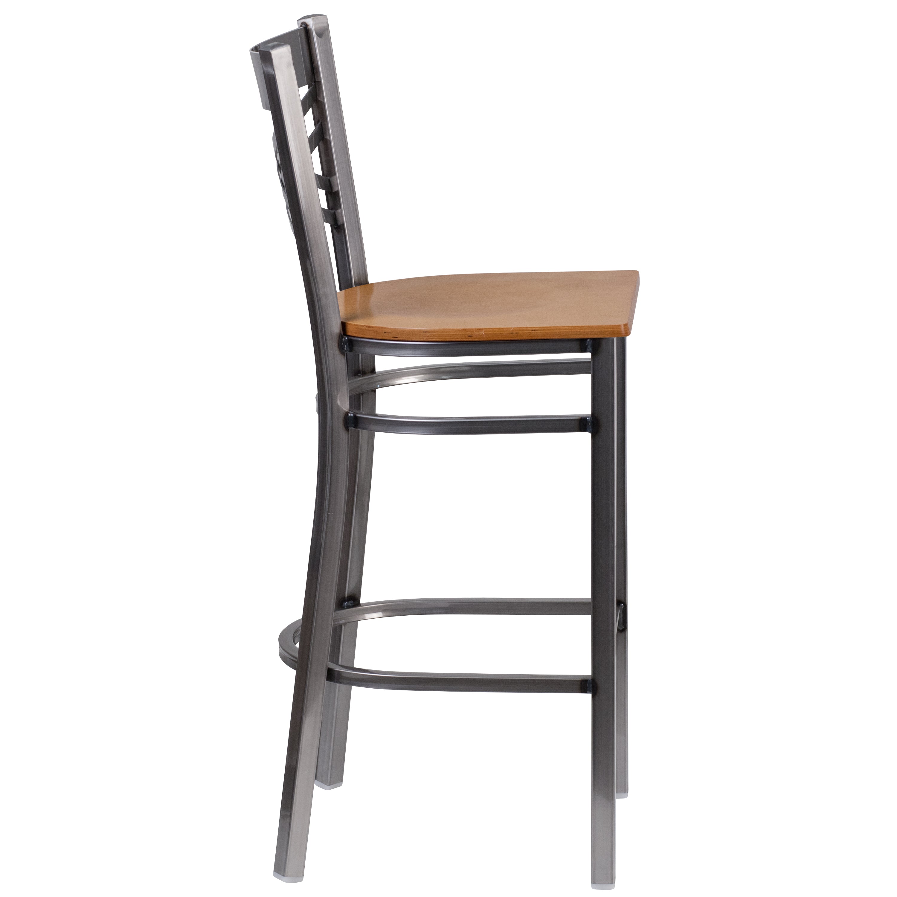 HERCULES Series Silver Antique Finish with Clear Coat ''X'' Back Metal Restaurant Barstool - Natural Wood Seat