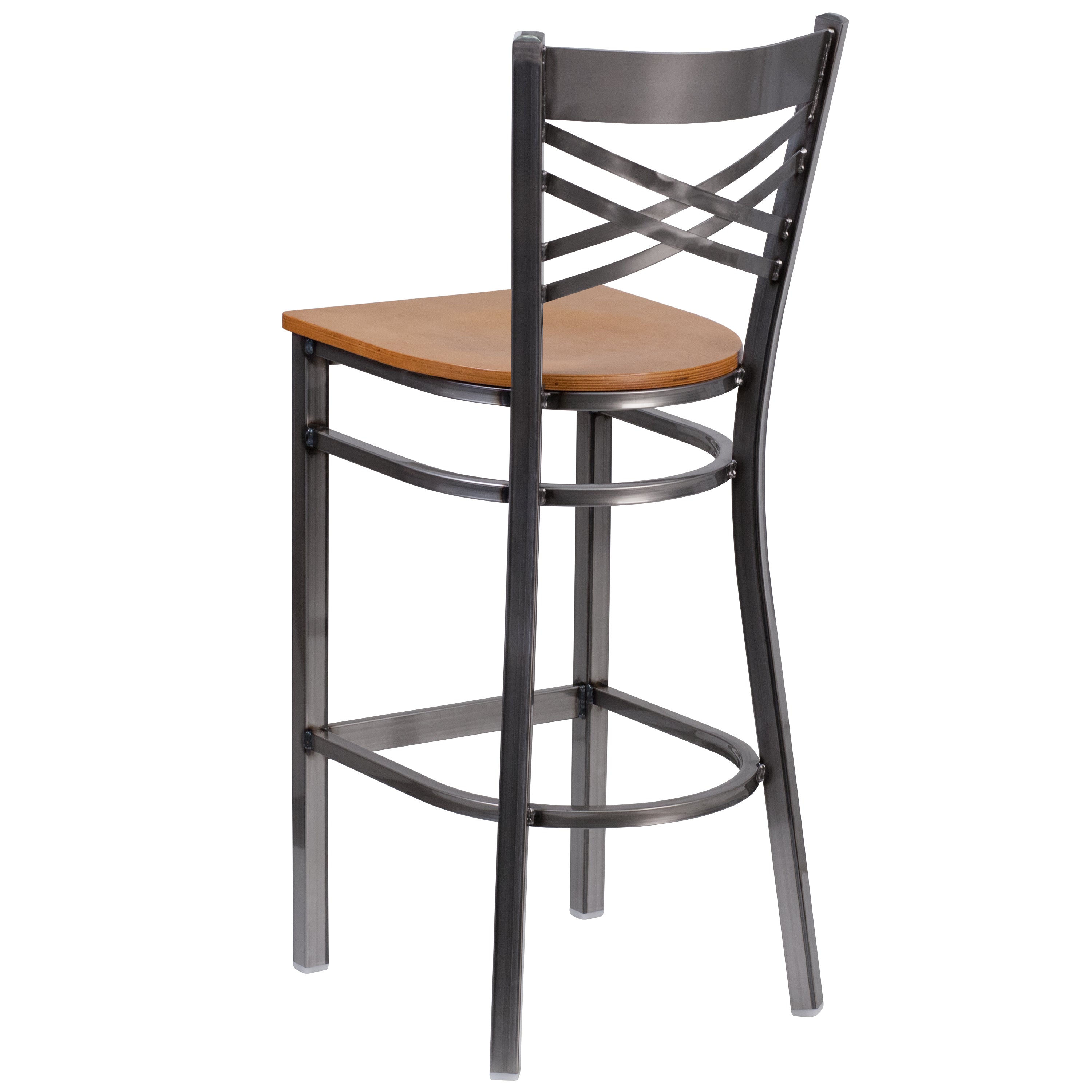 HERCULES Series Silver Antique Finish with Clear Coat ''X'' Back Metal Restaurant Barstool - Natural Wood Seat