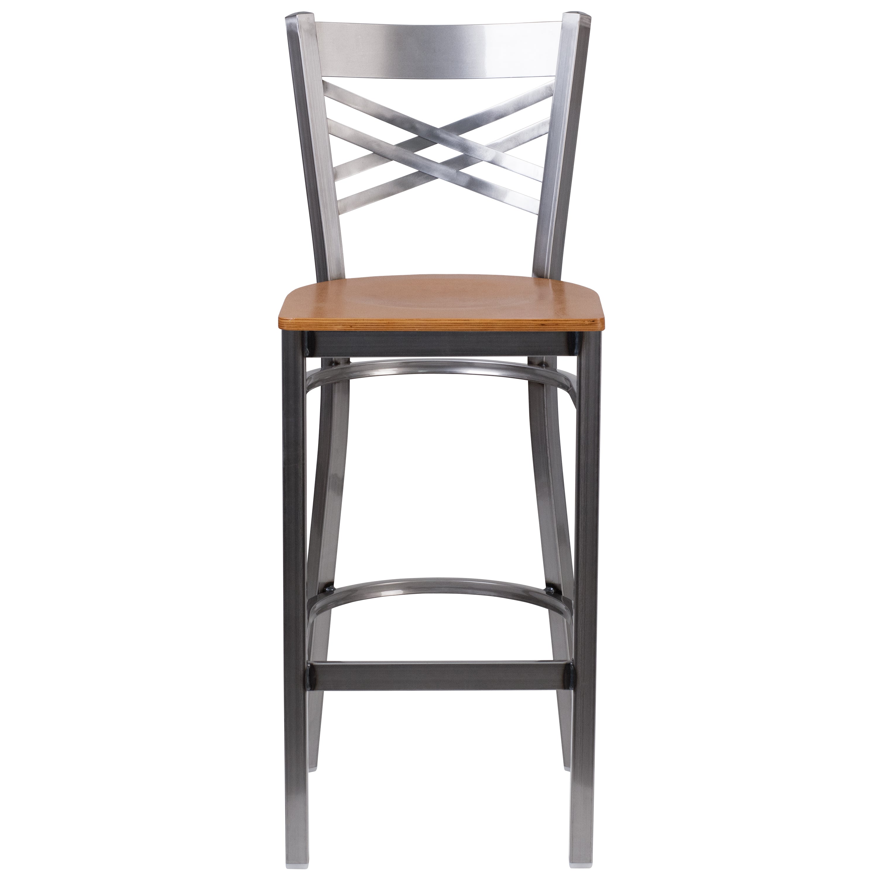 HERCULES Series Silver Antique Finish with Clear Coat ''X'' Back Metal Restaurant Barstool - Natural Wood Seat
