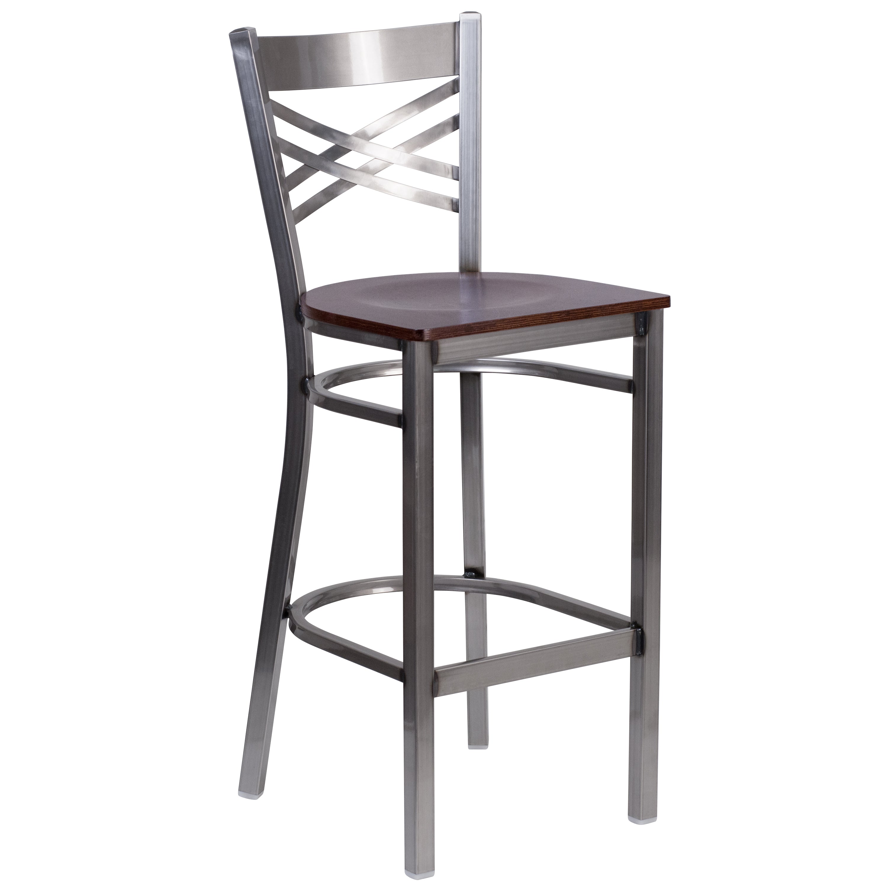 HERCULES Series Silver Antique Finish with Clear Coat ''X'' Back Metal Restaurant Barstool - Walnut Wood Seat
