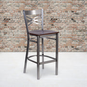 HERCULES Series Silver Antique Finish with Clear Coat ''X'' Back Metal Restaurant Barstool - Walnut Wood Seat