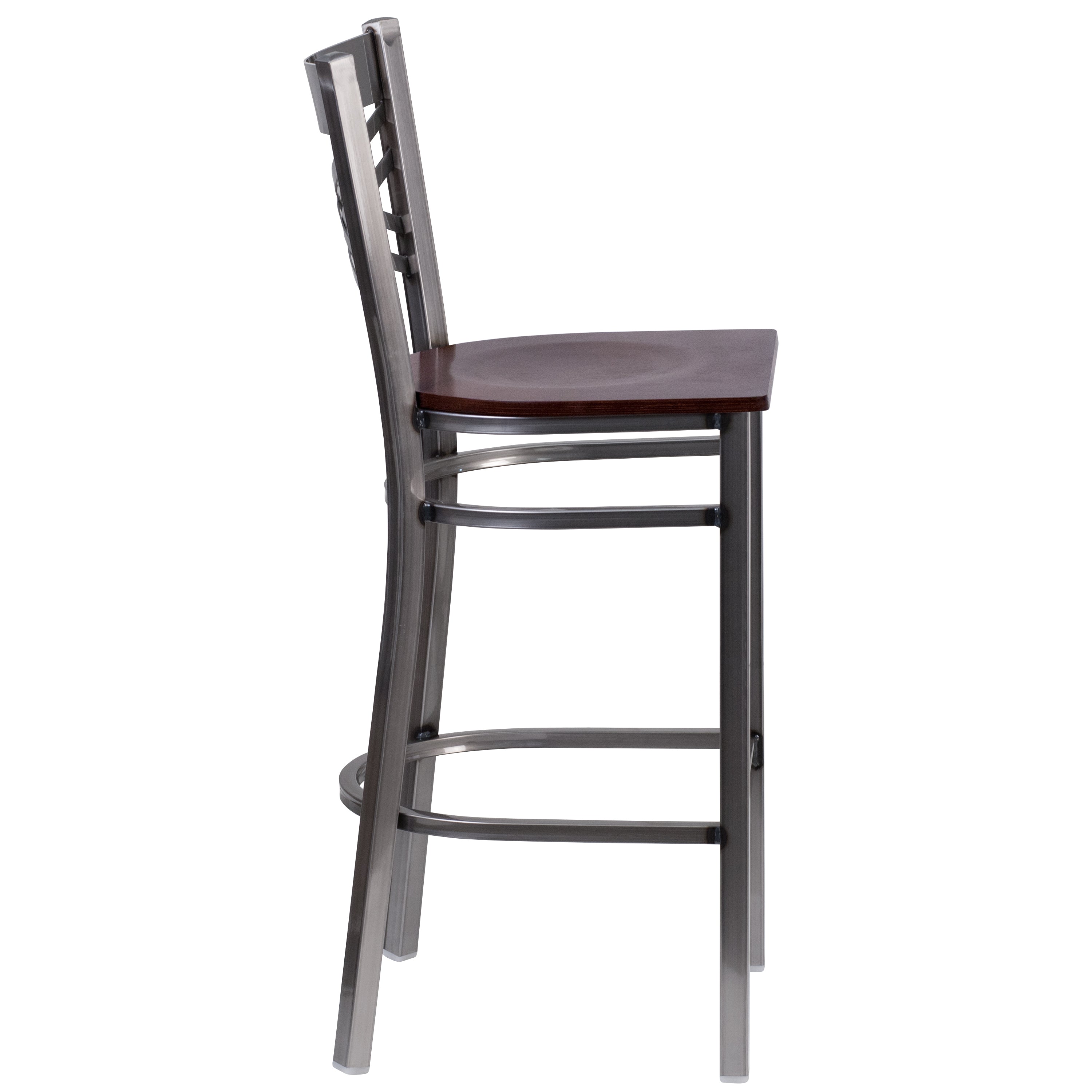 HERCULES Series Silver Antique Finish with Clear Coat ''X'' Back Metal Restaurant Barstool - Walnut Wood Seat