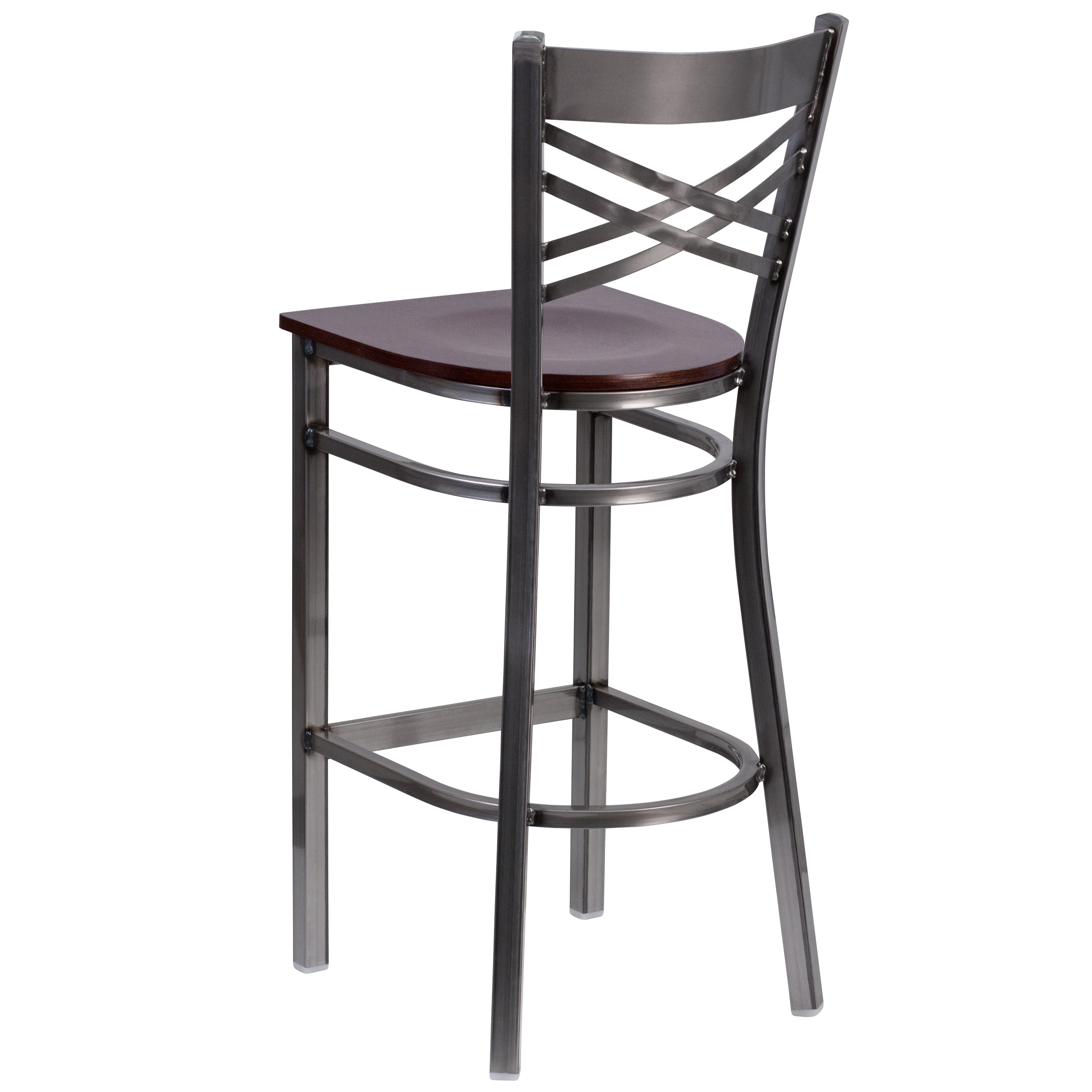 HERCULES Series Silver Antique Finish with Clear Coat ''X'' Back Metal Restaurant Barstool - Walnut Wood Seat