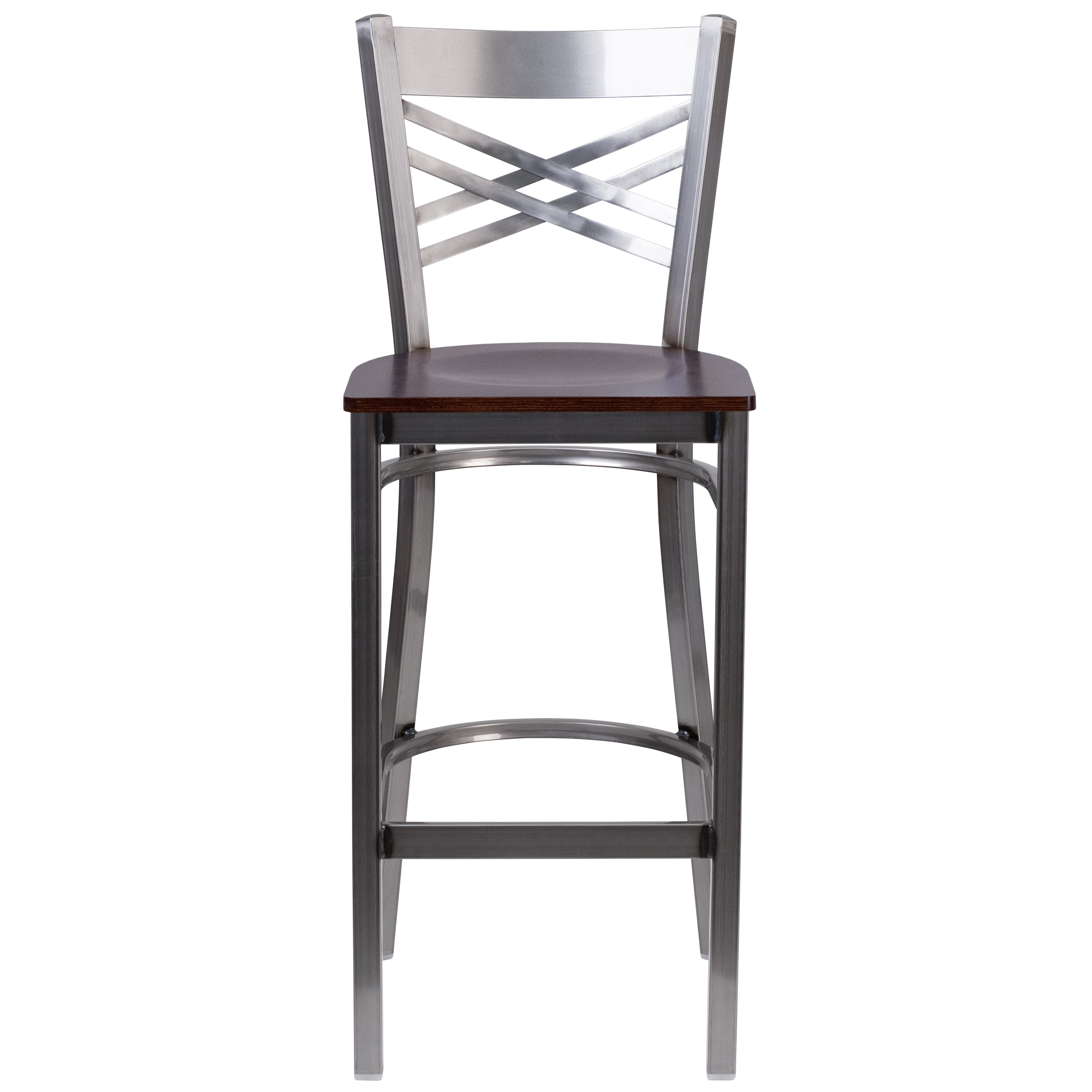 HERCULES Series Silver Antique Finish with Clear Coat ''X'' Back Metal Restaurant Barstool - Walnut Wood Seat
