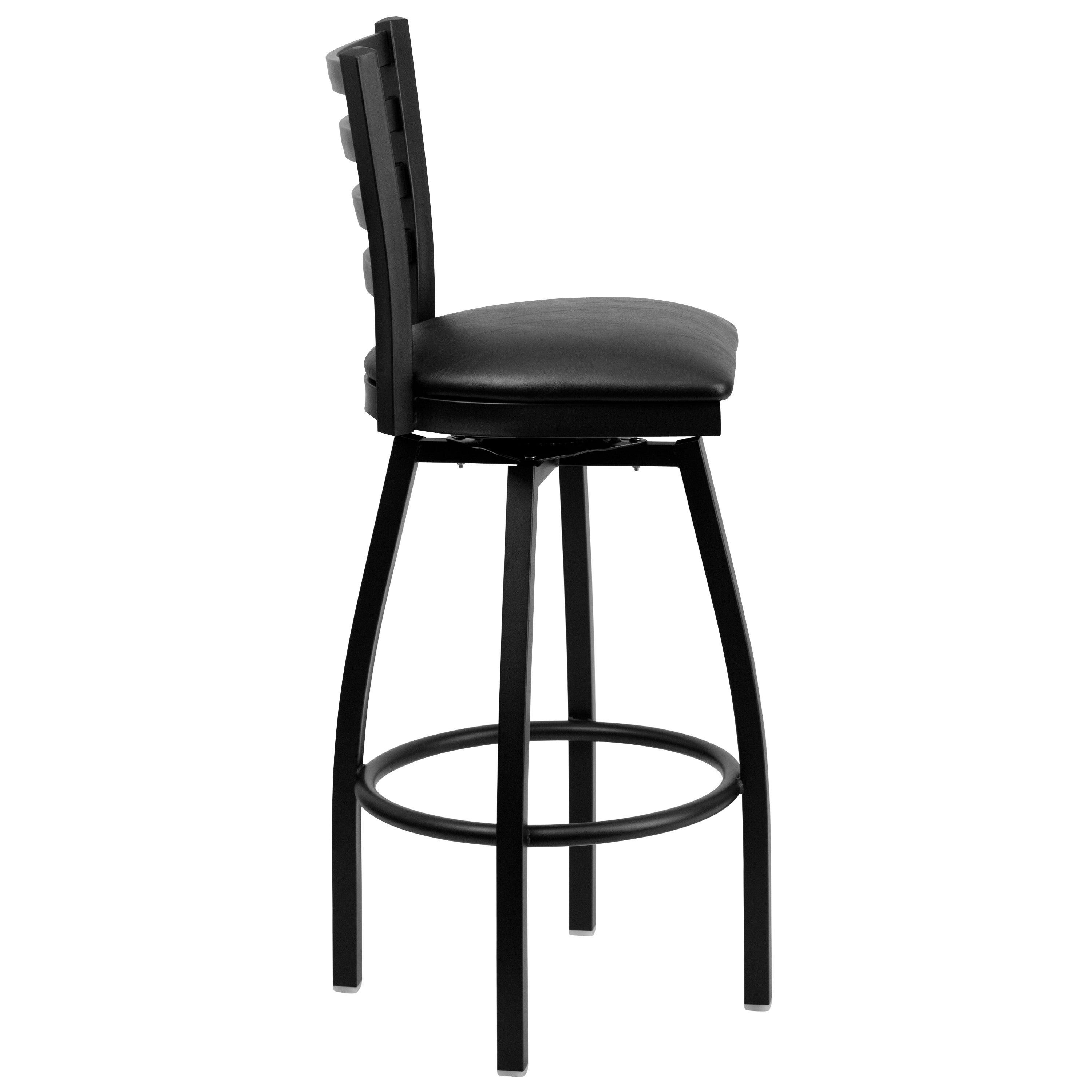 HERCULES Series Black Ladder Back Swivel Metal Barstool - Black Vinyl Seat