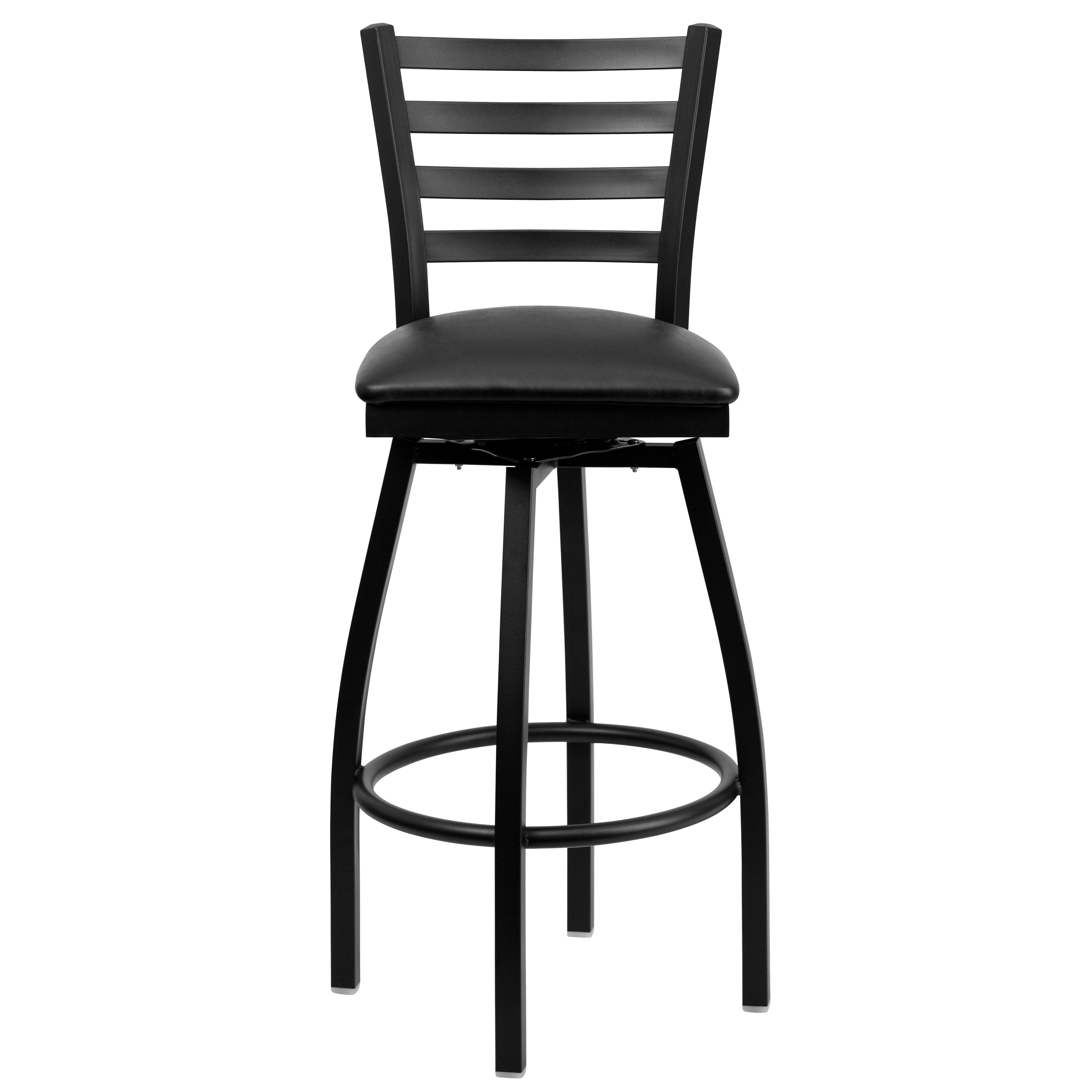 HERCULES Series Black Ladder Back Swivel Metal Barstool - Black Vinyl Seat