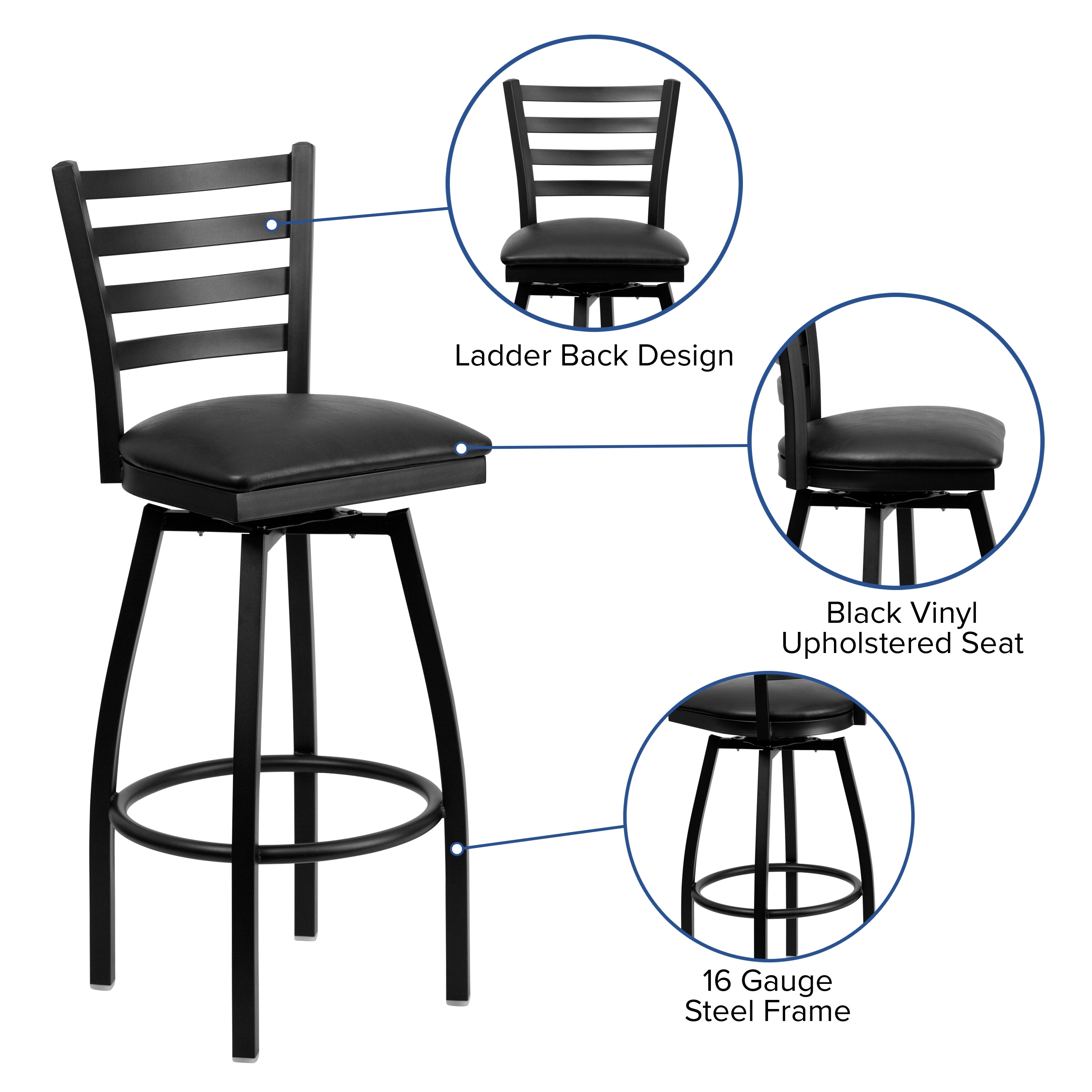 HERCULES Series Black Ladder Back Swivel Metal Barstool - Black Vinyl Seat