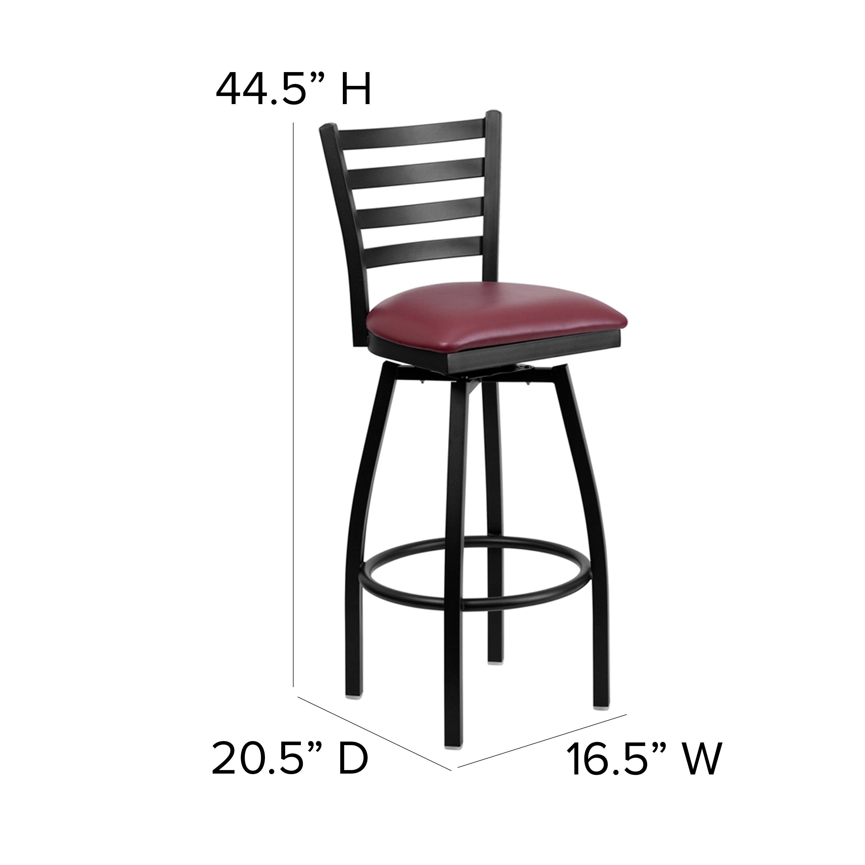 HERCULES Series Black Ladder Back Swivel Metal Barstool - Burgundy Vinyl Seat