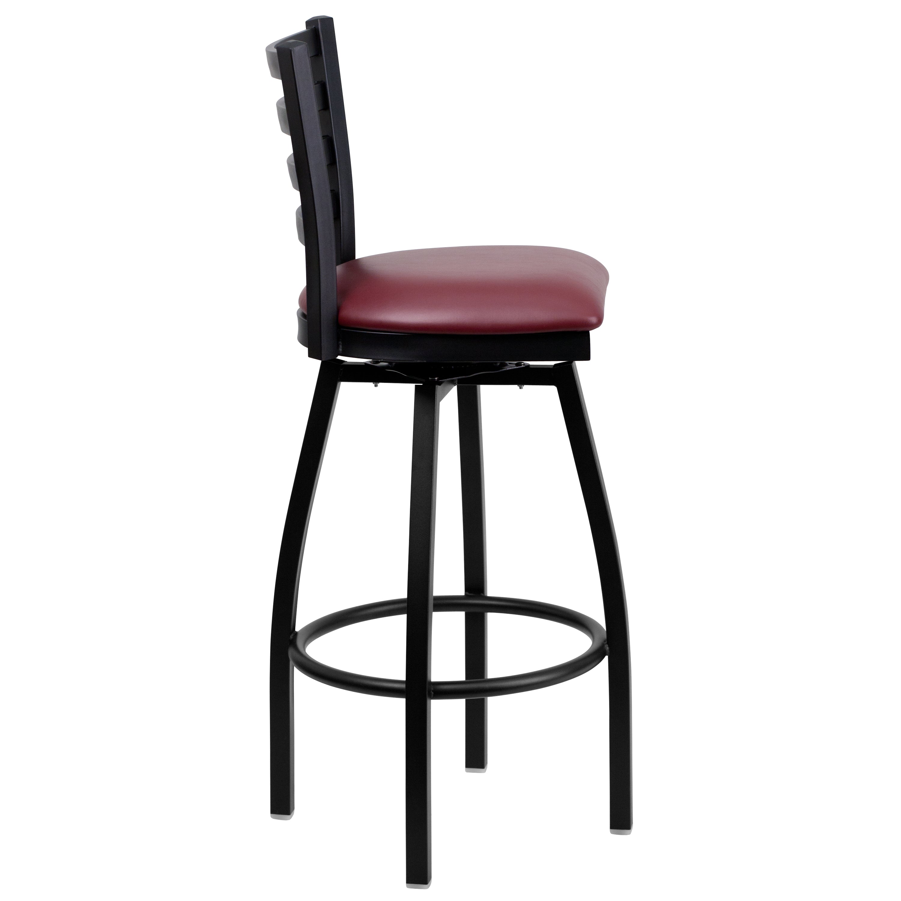 HERCULES Series Black Ladder Back Swivel Metal Barstool - Burgundy Vinyl Seat