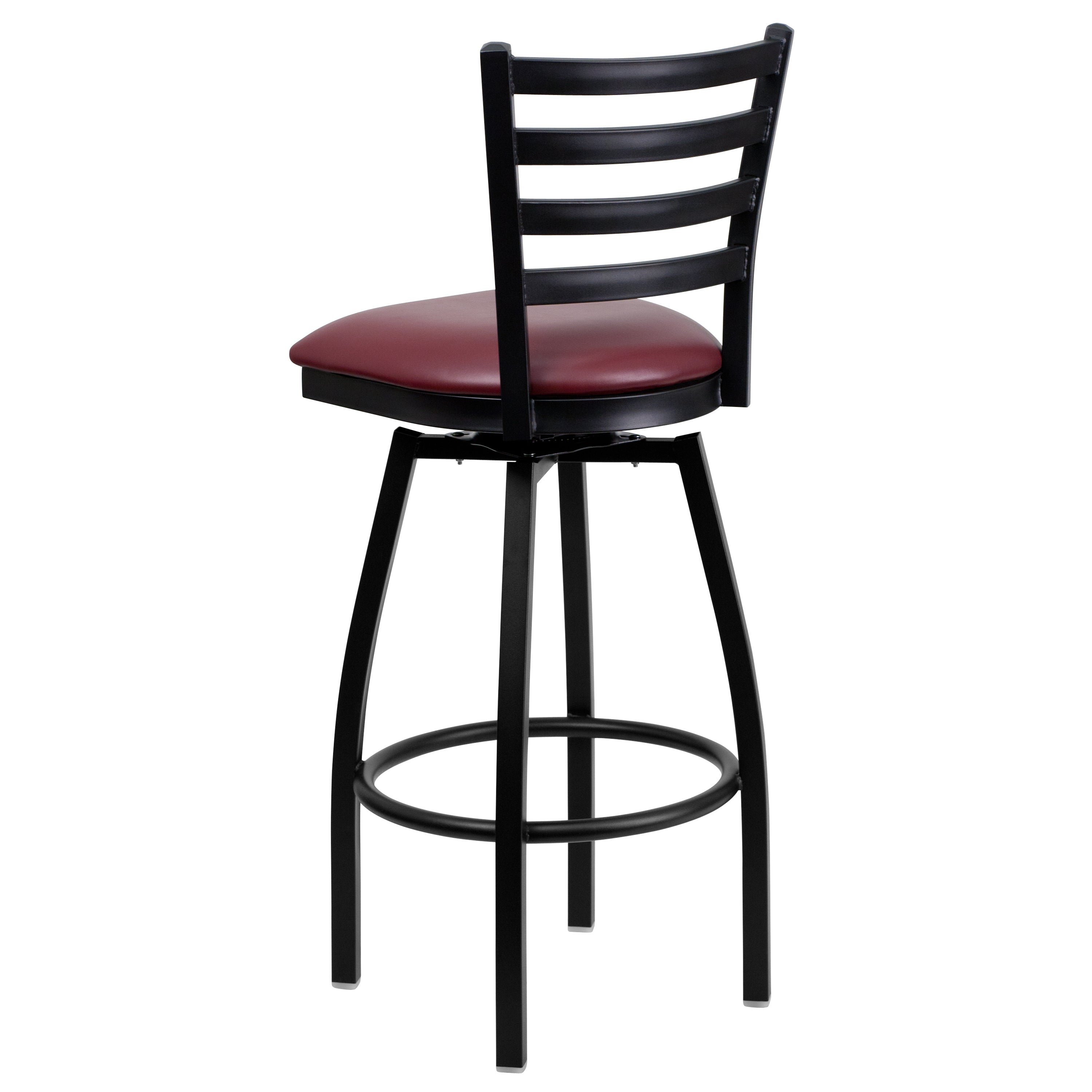 HERCULES Series Black Ladder Back Swivel Metal Barstool - Burgundy Vinyl Seat