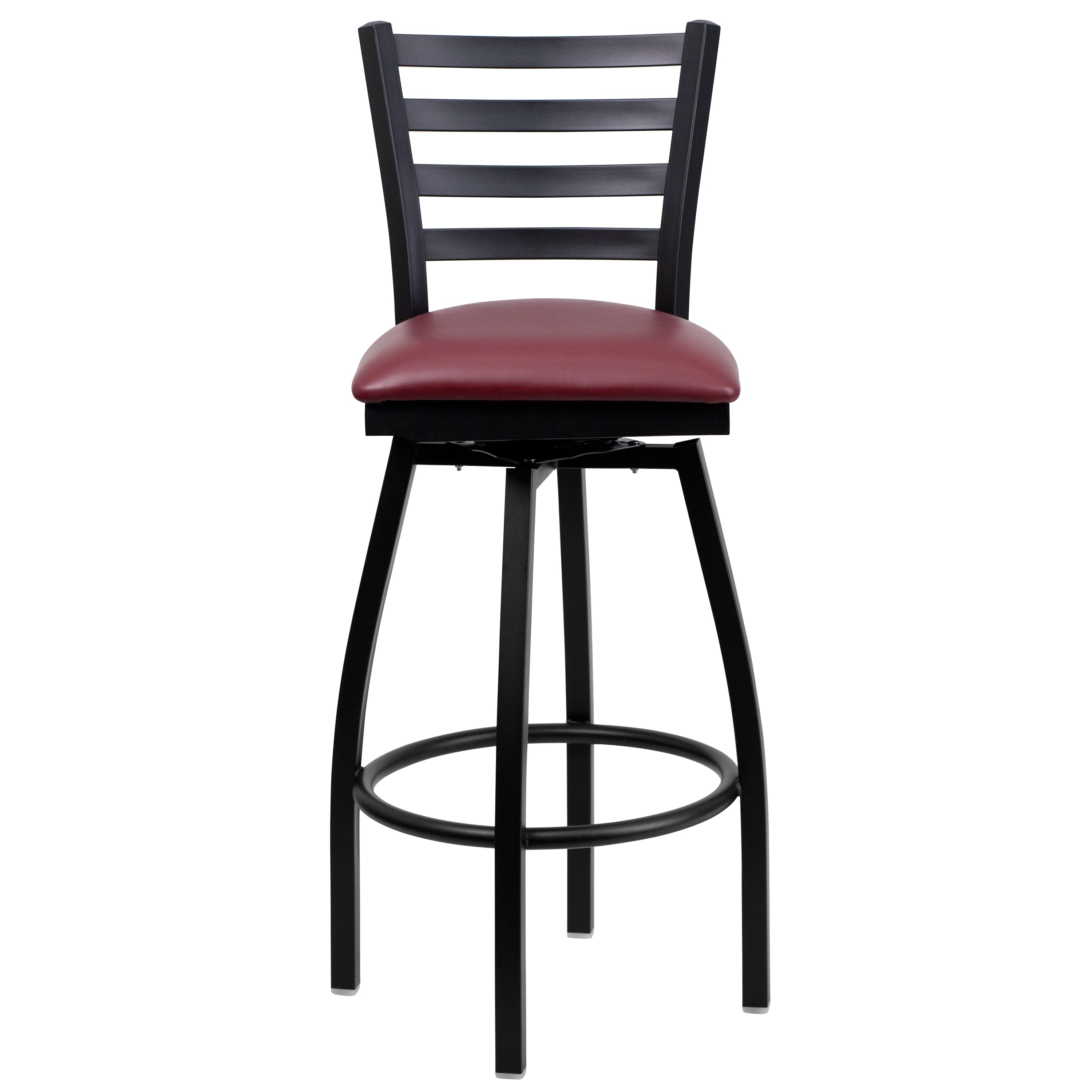 HERCULES Series Black Ladder Back Swivel Metal Barstool - Burgundy Vinyl Seat