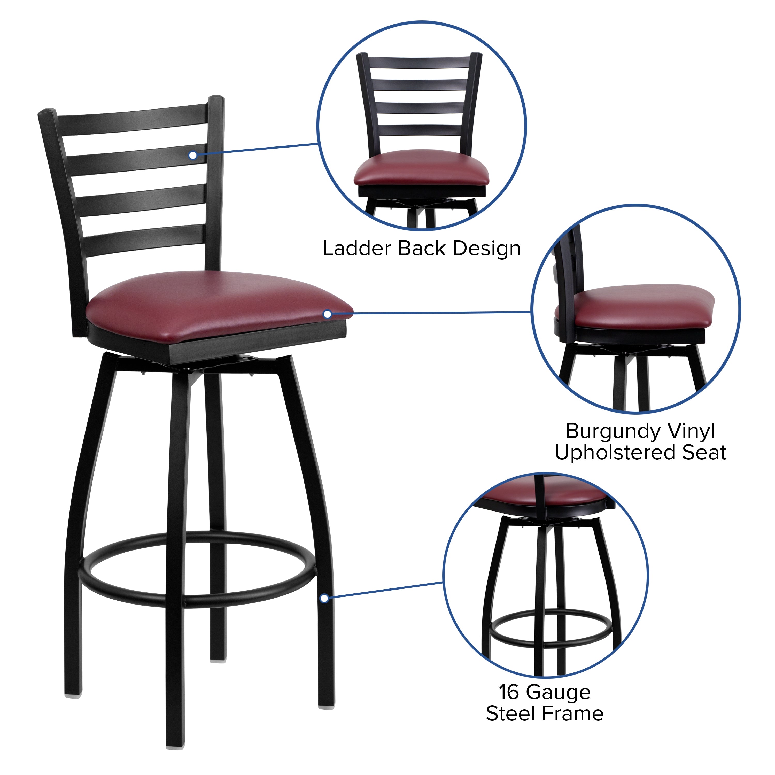 HERCULES Series Black Ladder Back Swivel Metal Barstool - Burgundy Vinyl Seat