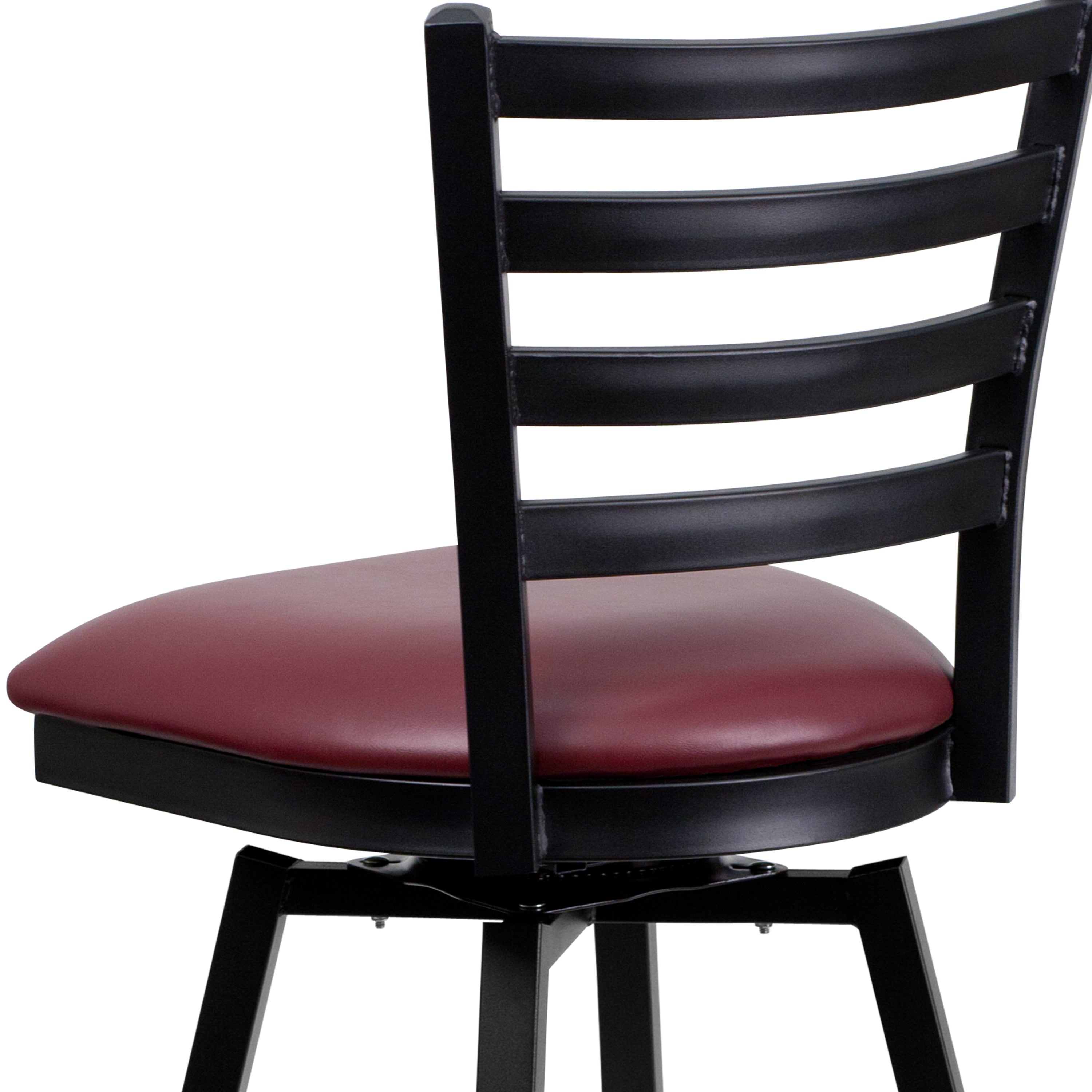 HERCULES Series Black Ladder Back Swivel Metal Barstool - Burgundy Vinyl Seat
