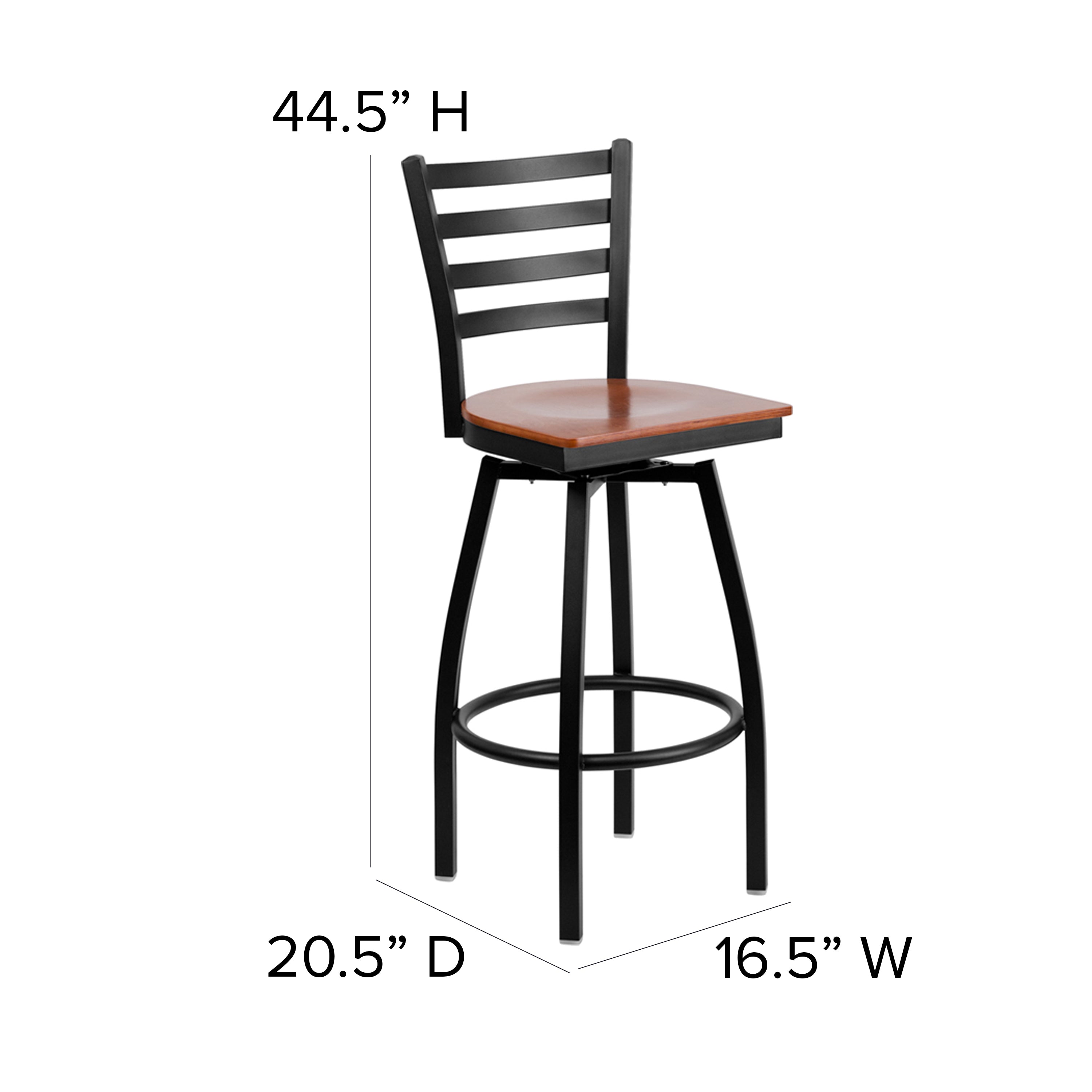 HERCULES Series Black Ladder Back Swivel Metal Barstool - Cherry Wood Seat