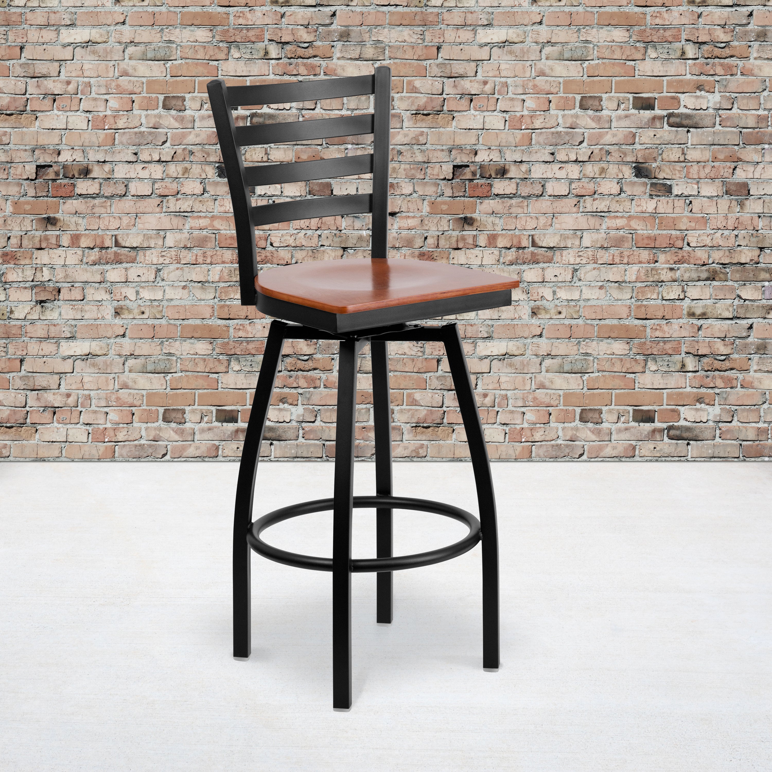 HERCULES Series Black Ladder Back Swivel Metal Barstool - Cherry Wood Seat