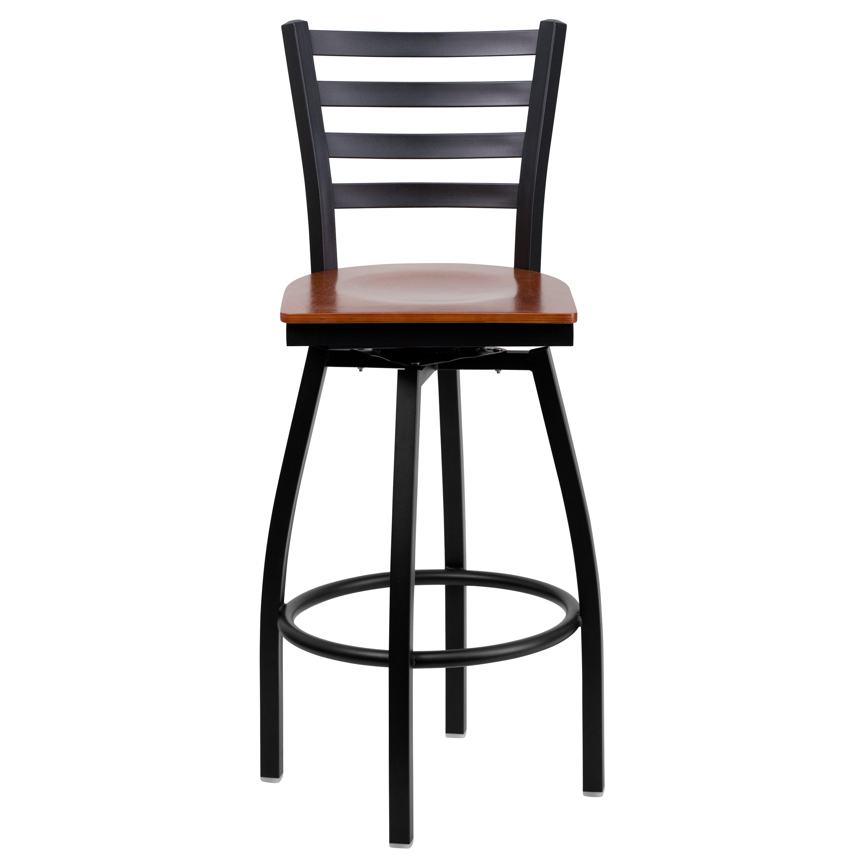 HERCULES Series Black Ladder Back Swivel Metal Barstool - Cherry Wood Seat