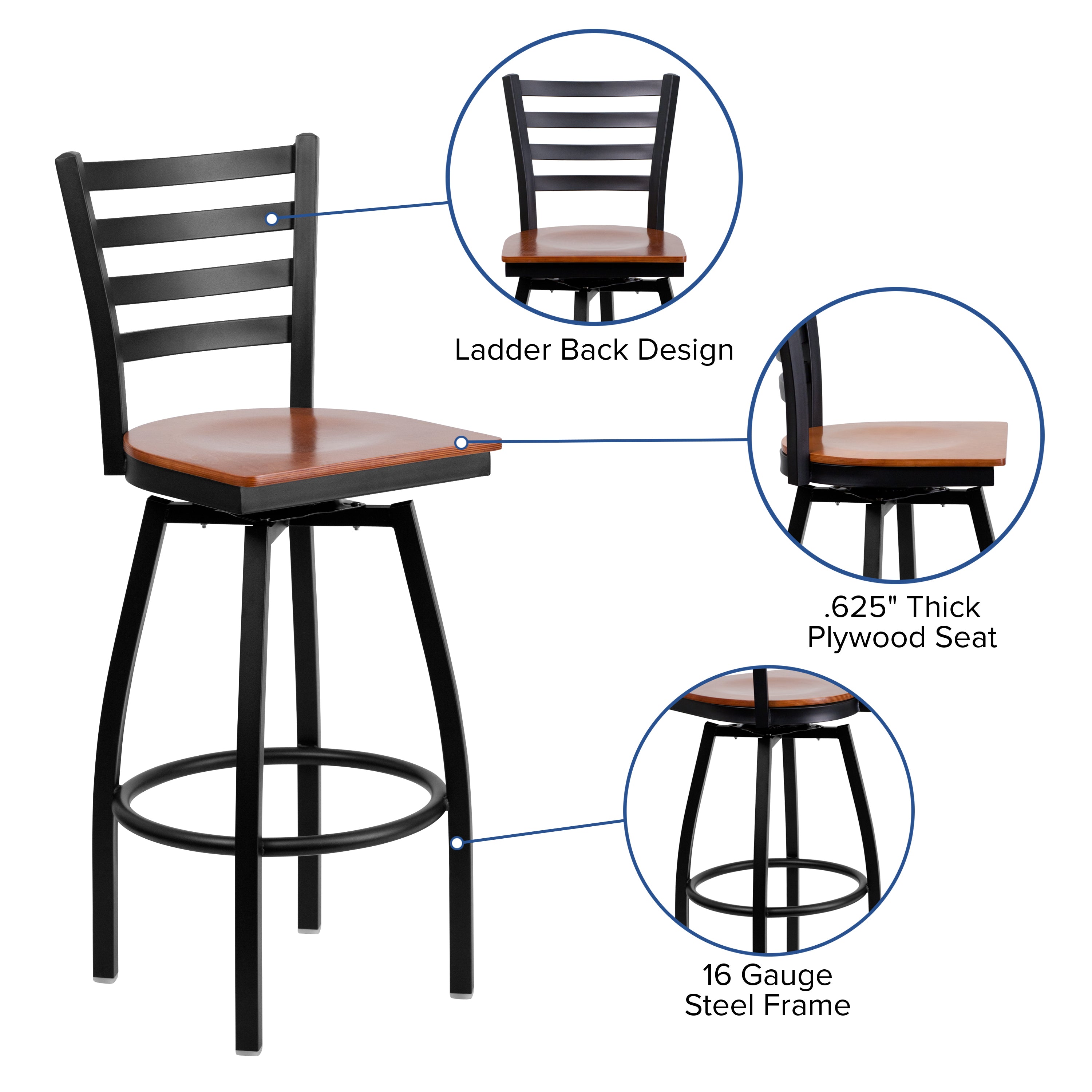 HERCULES Series Black Ladder Back Swivel Metal Barstool - Cherry Wood Seat