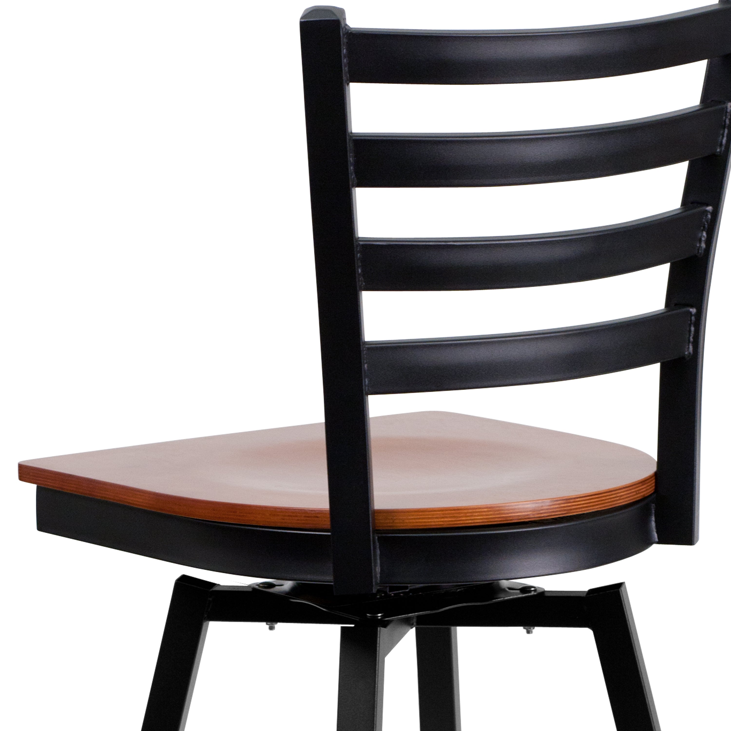 HERCULES Series Black Ladder Back Swivel Metal Barstool - Cherry Wood Seat