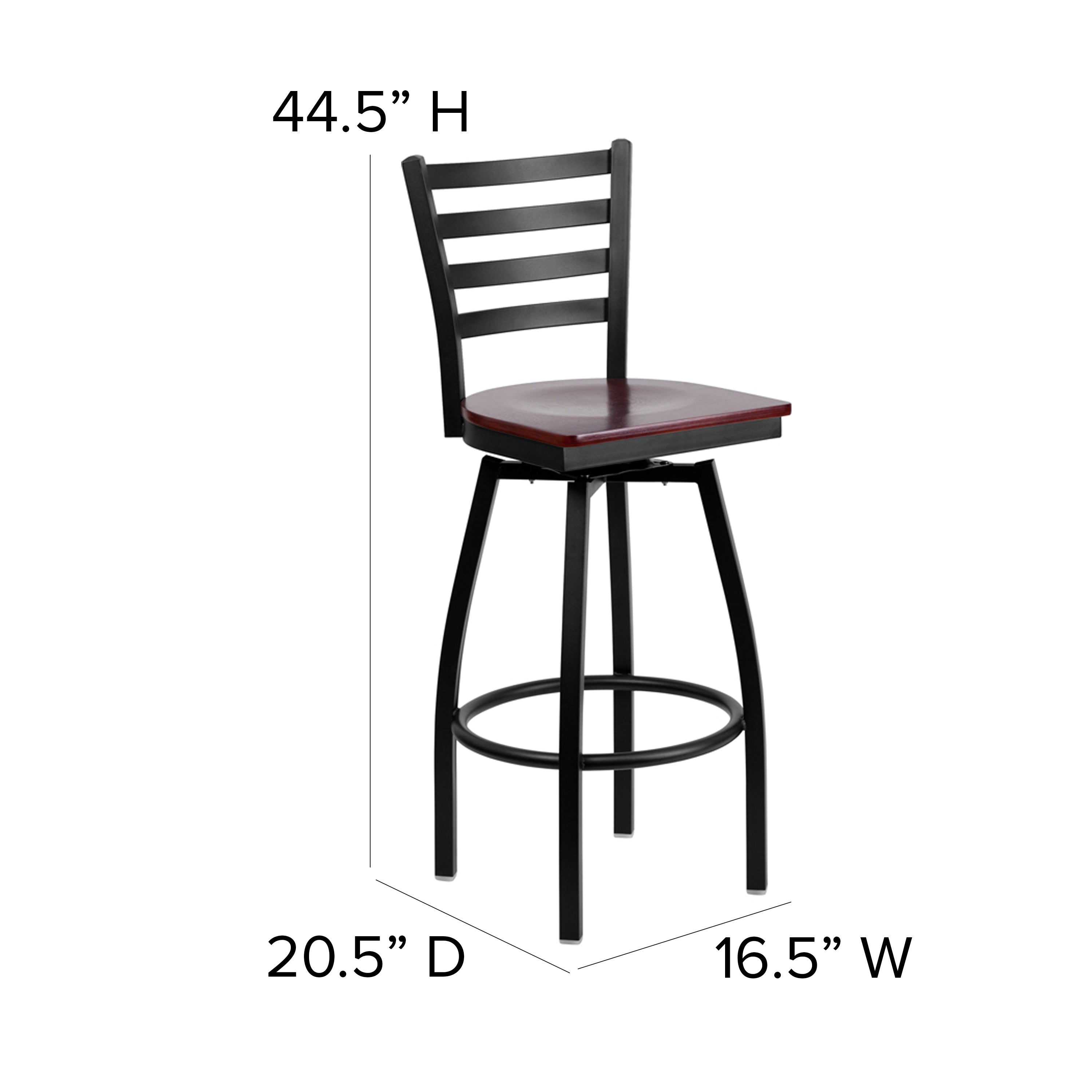 HERCULES Series Black Ladder Back Swivel Metal Barstool - Mahogany Wood Seat