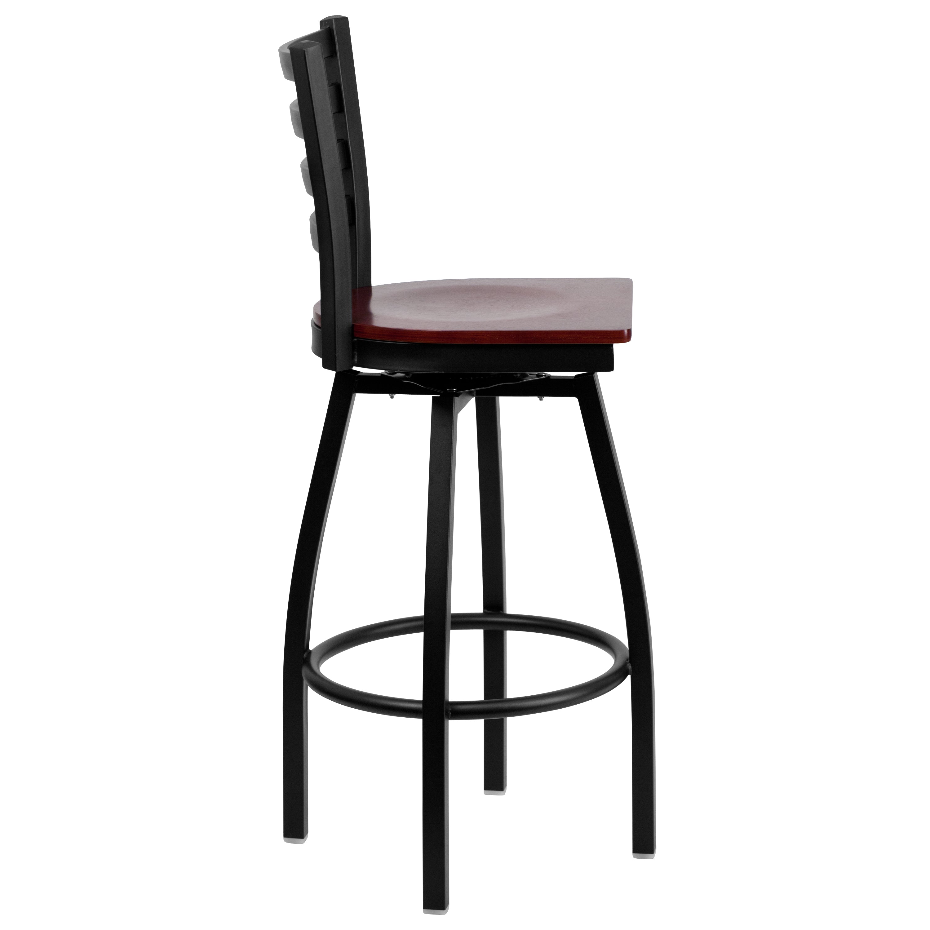 HERCULES Series Black Ladder Back Swivel Metal Barstool - Mahogany Wood Seat
