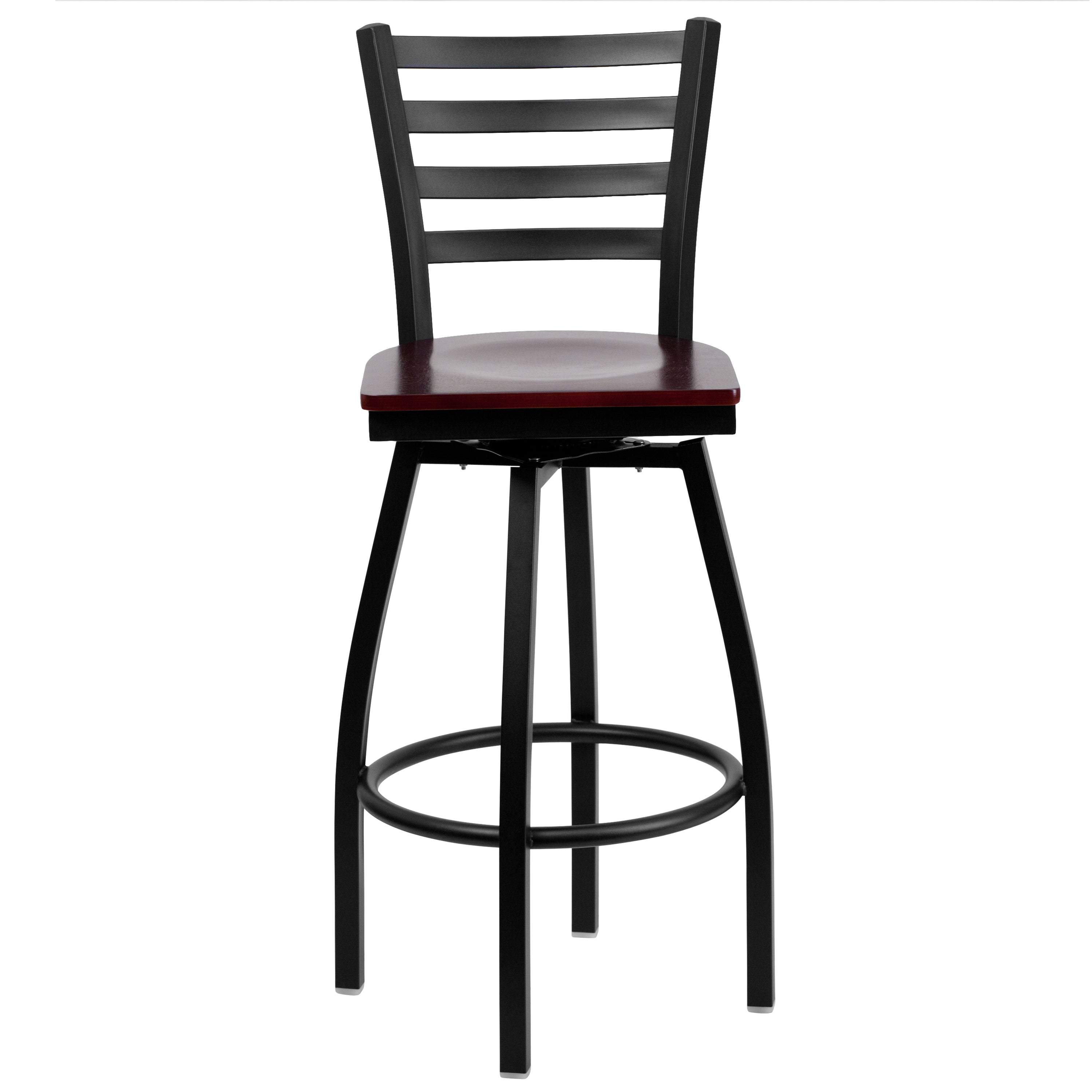 HERCULES Series Black Ladder Back Swivel Metal Barstool - Mahogany Wood Seat